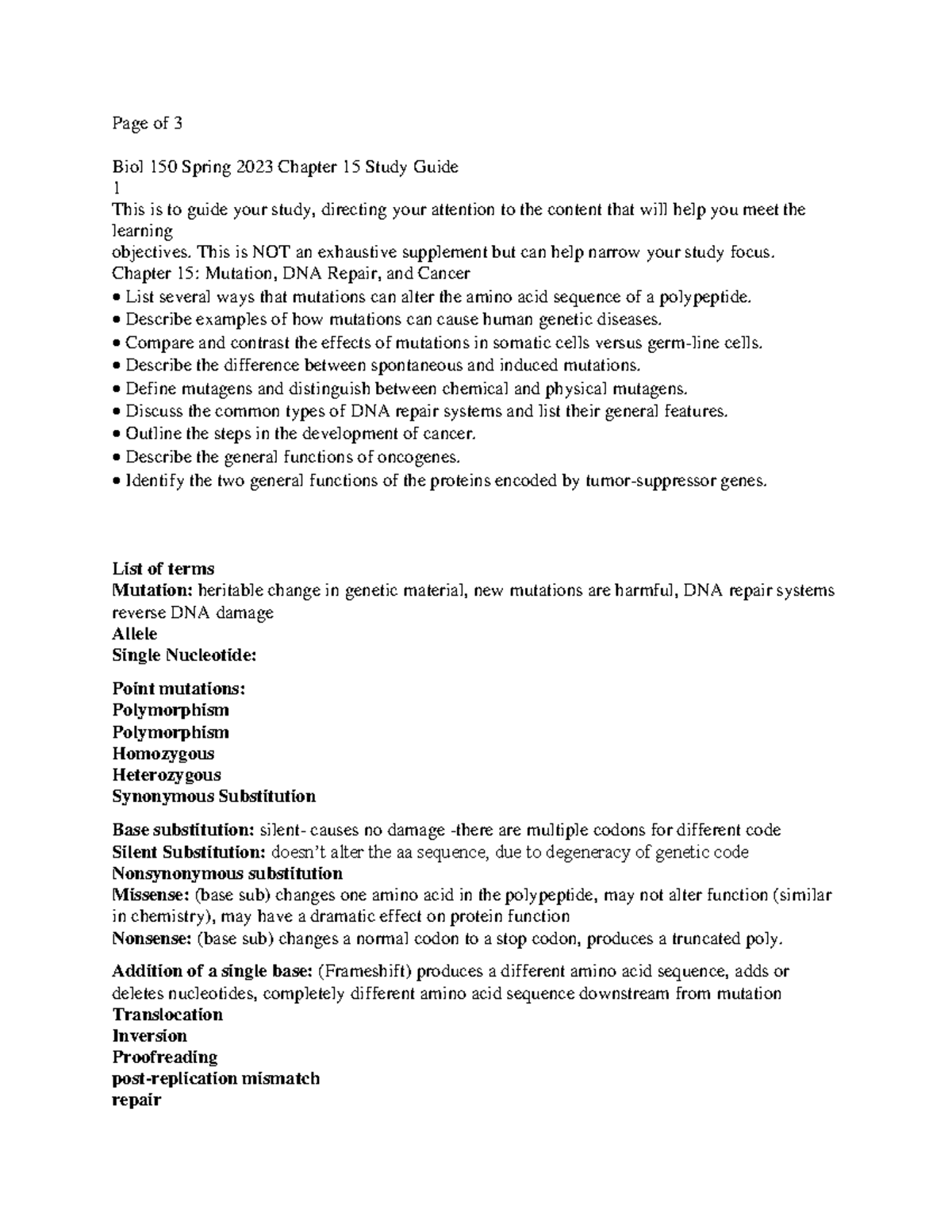 Bio chap 15 - main ideas and vocabulary - Page of 3 Biol 150 Spring ...