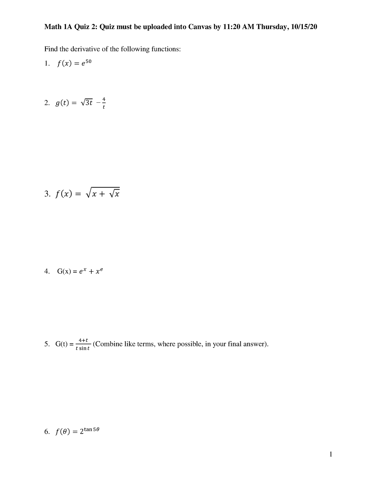 Math 1A - Quiz 2 F20 - Notes - Math 1A Quiz 2: Quiz must be uploaded ...