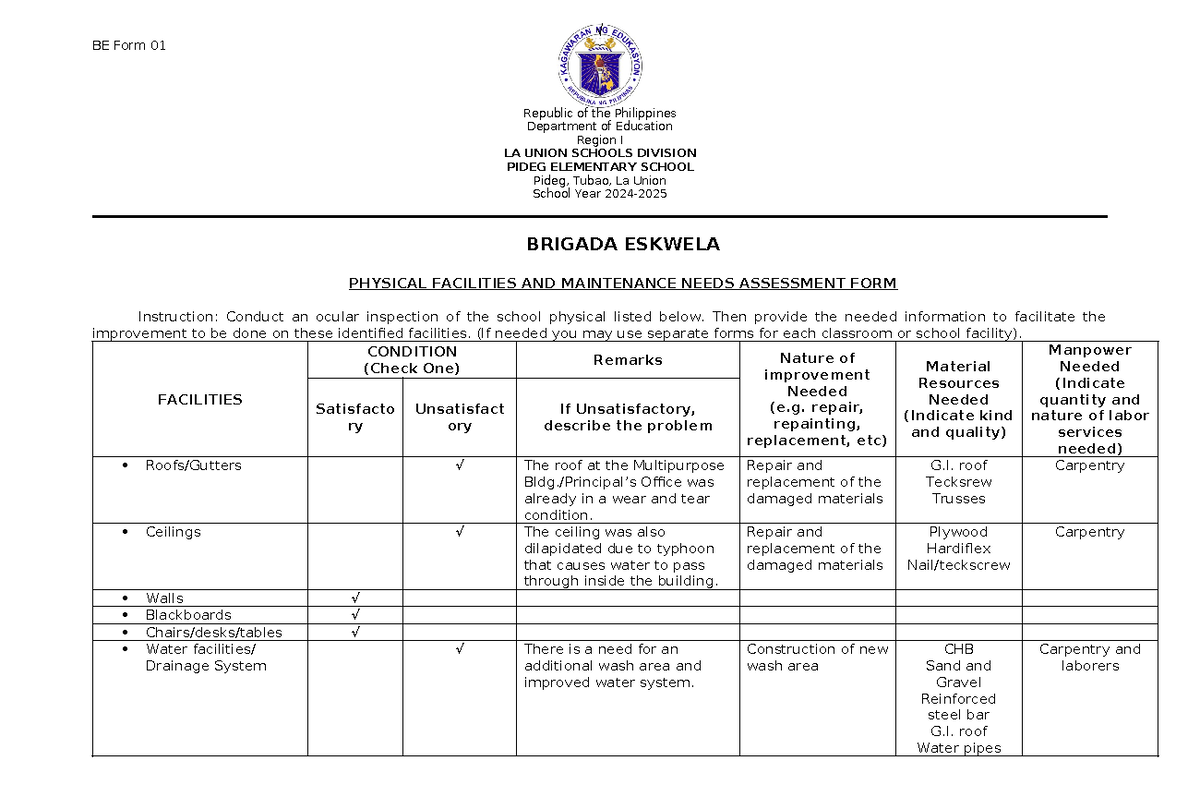BE Form 1 Physical Facilities AND Maintenance Needs Assessment FORM - √ ...