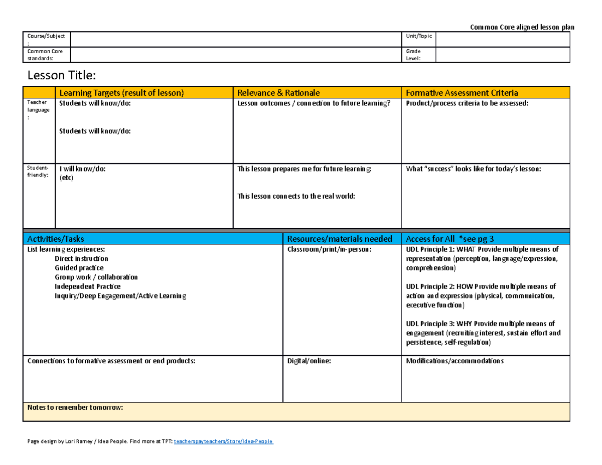 Freecommon Core Ccsslesson Plan Templatew Universal Designfor ...