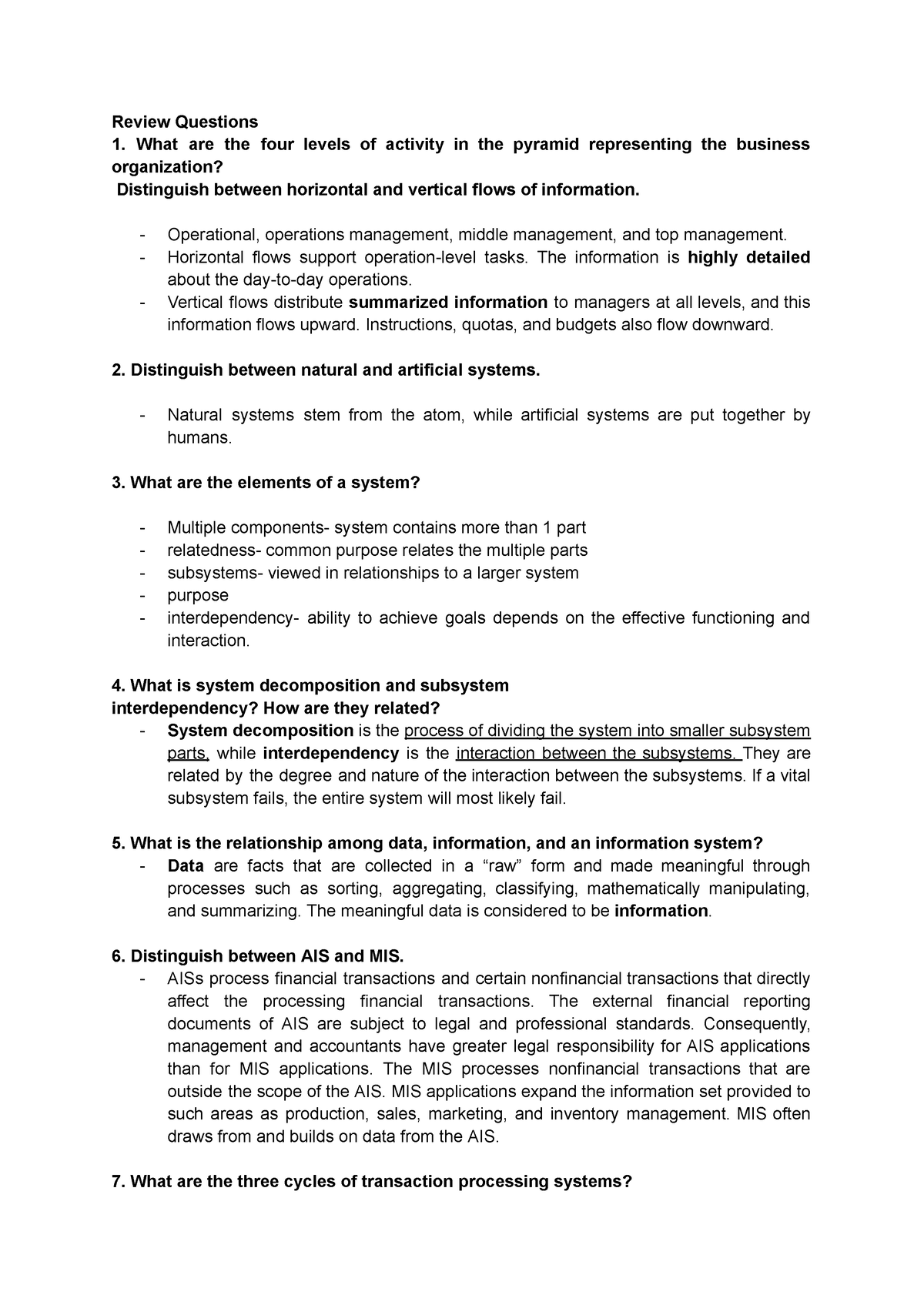 AIS-CH - AIS - Review Questions What Are The Four Levels Of Activity In ...