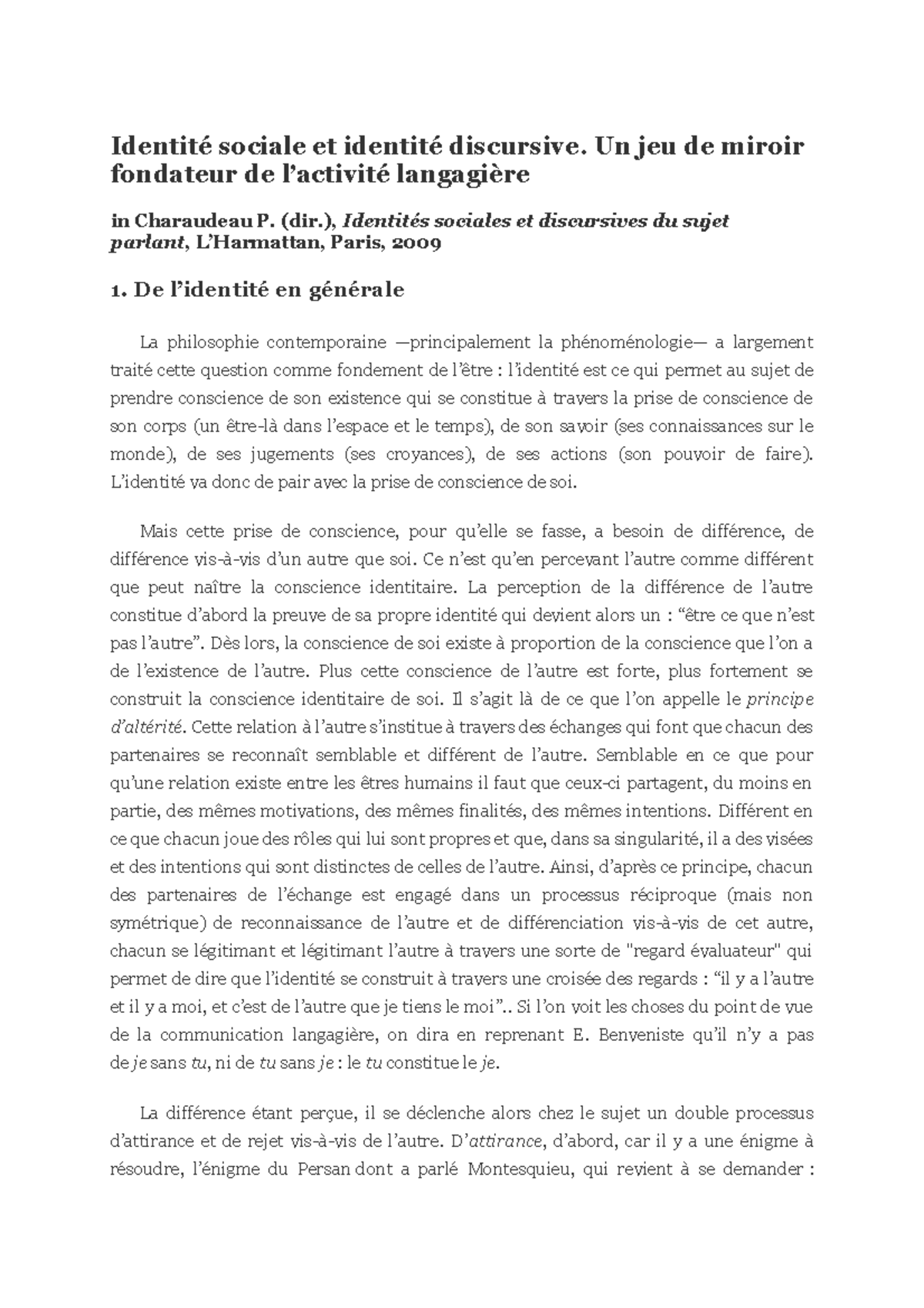 Patrick Charaudeau - Identité sociale et identité discursive - Identité ...