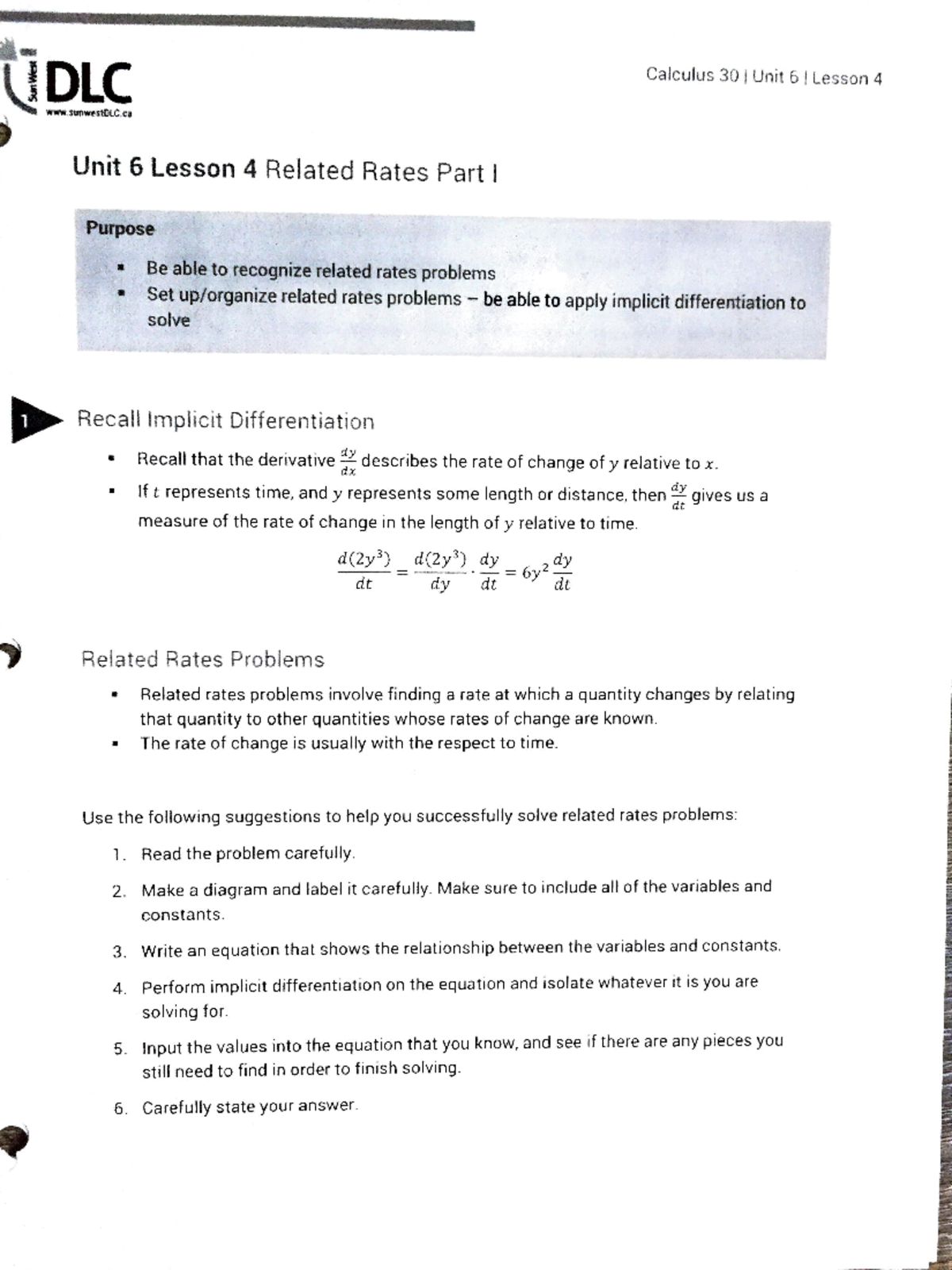 Calculus 30 related rates part 1 - .. Calc ulus 30 I Unit 6 I Le sson 4 ...