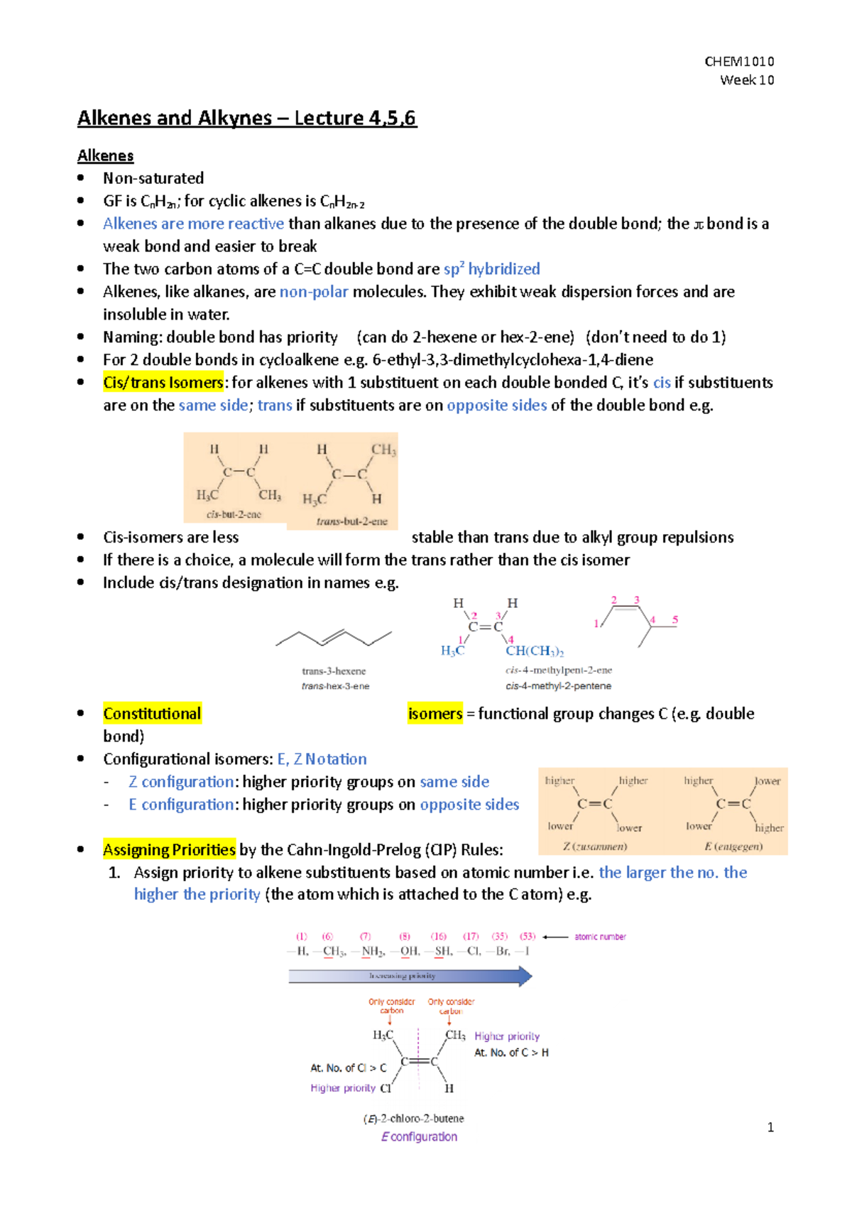 Week 10 Notes (Alkenes and Alkynes) - Week 10 Alkenes and Alkynes ...