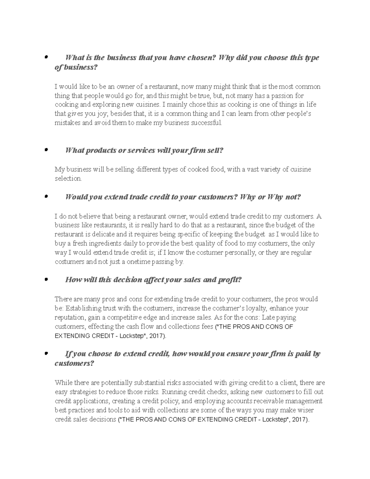 BUS 1102 Unit 5 DP - What is the business that you have chosen? Why did ...