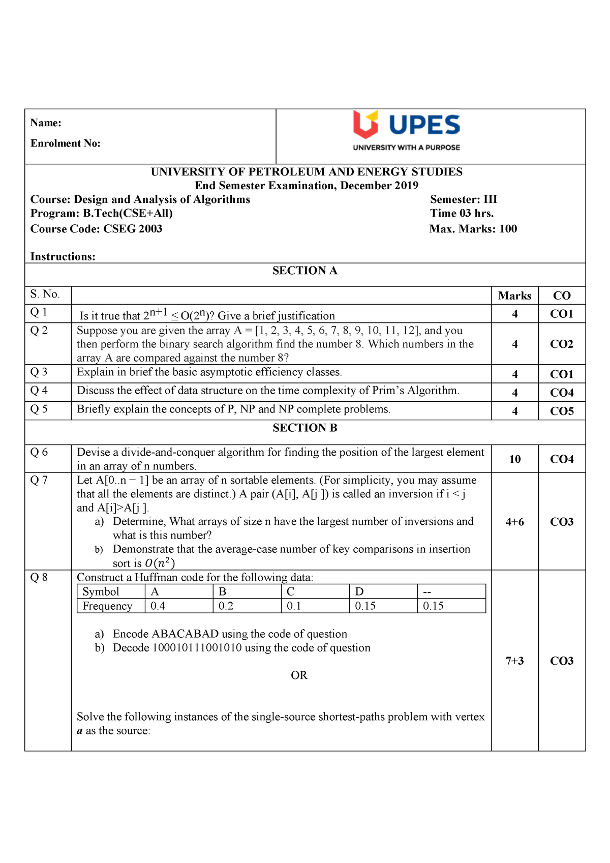 B.Tech CSE+All -III-Design And Analysis Of Algorithms - Name: Enrolment ...