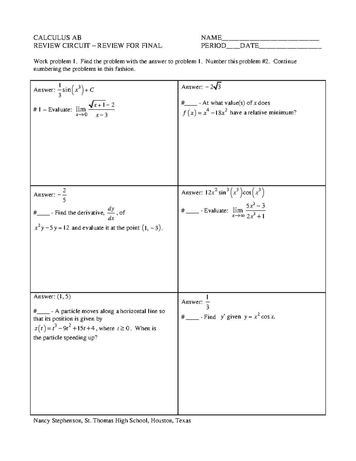 Calculus AB Review Circuit For Final - Studocu