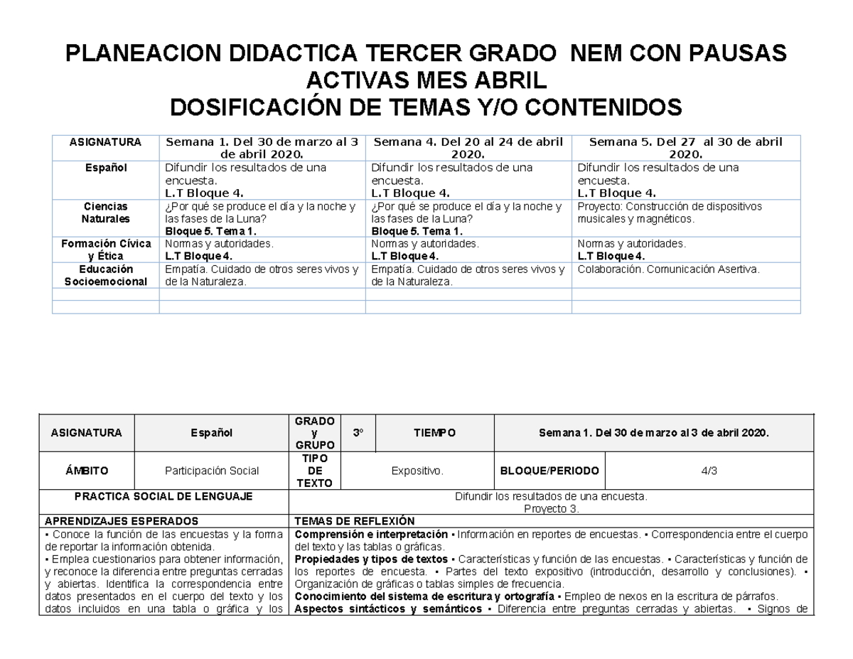 3° Planeación Abril - PLANEACION DIDACTICA TERCER GRADO NEM CON PAUSAS