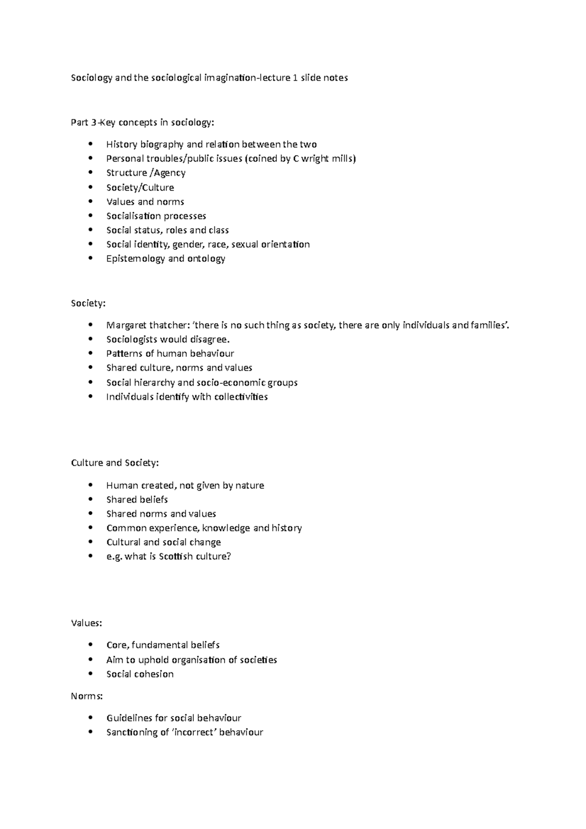 Sociology and the sociological imagination - notes - Sociology and the ...