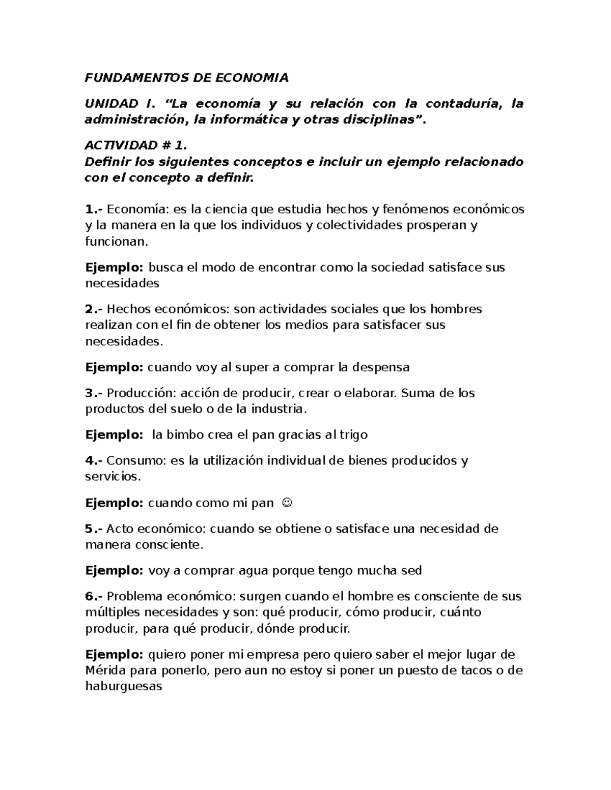 Economia UNIDAD I. “La economía y su relación con la