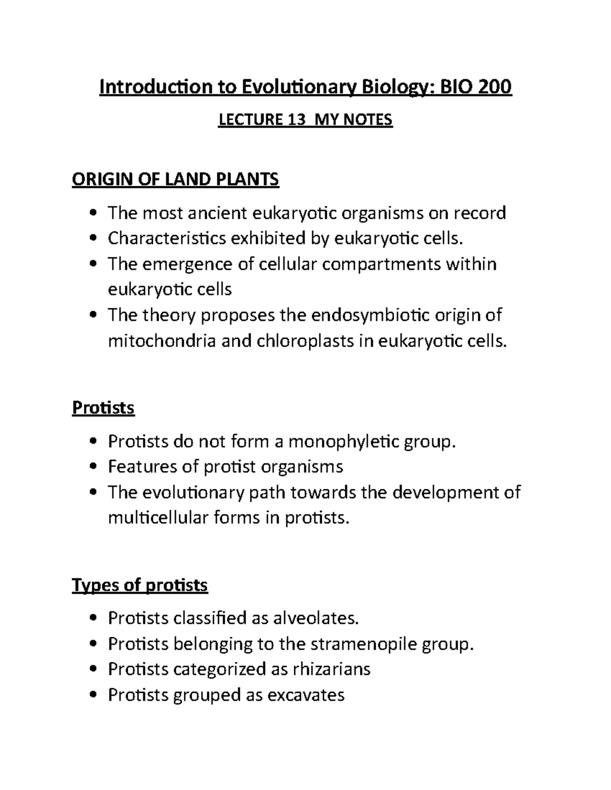 Introduction To Evolutionary Biology BIO 200 Lecture 13 - MY Notes ...