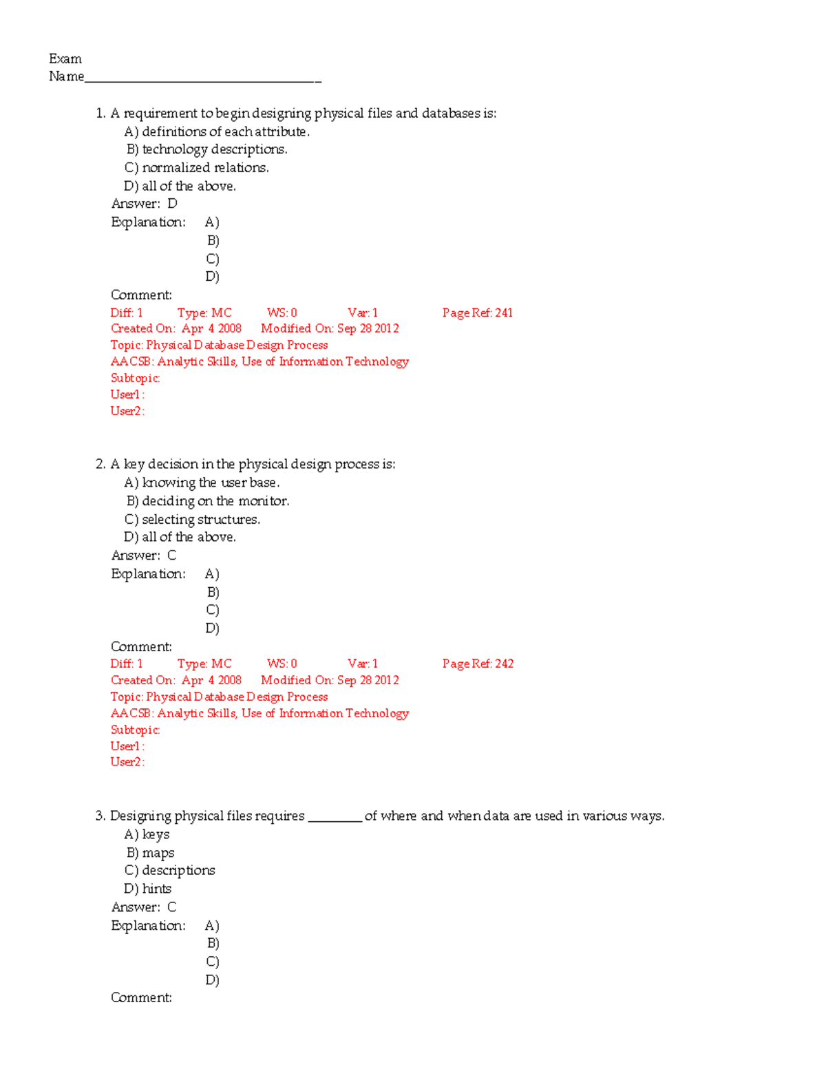 DB 05 - Quiz - Exam Name___________________________________ A ...