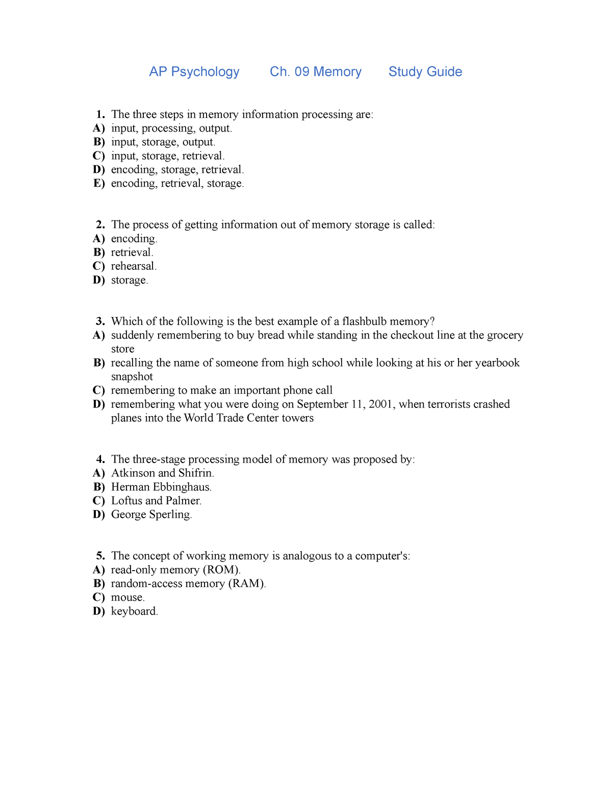 Ch09 Memory - Management-Psychology - AP Psychology Ch. 09 Memory Study ...