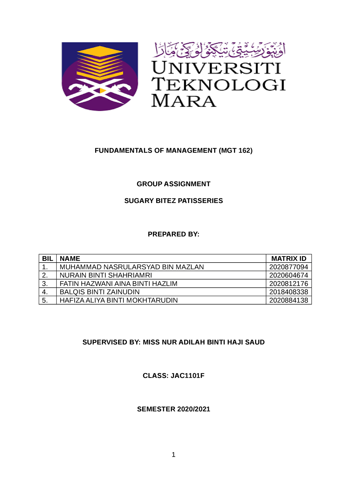 MGT162 Group Assignment - FUNDAMENTALS OF MANAGEMENT (MGT 162) GROUP ...