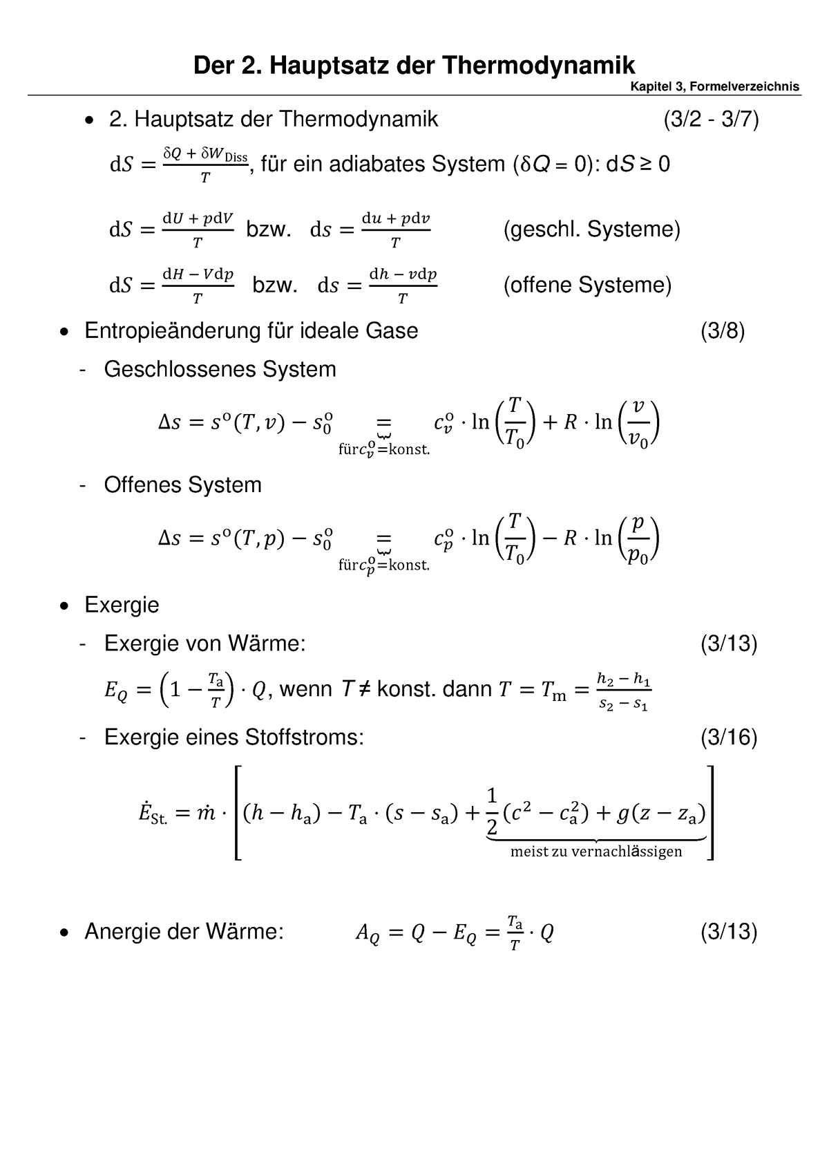 Formelsammlung Kap3 2HS - Der 2. Hauptsatz Der Thermodynamik Kapitel 3 ...