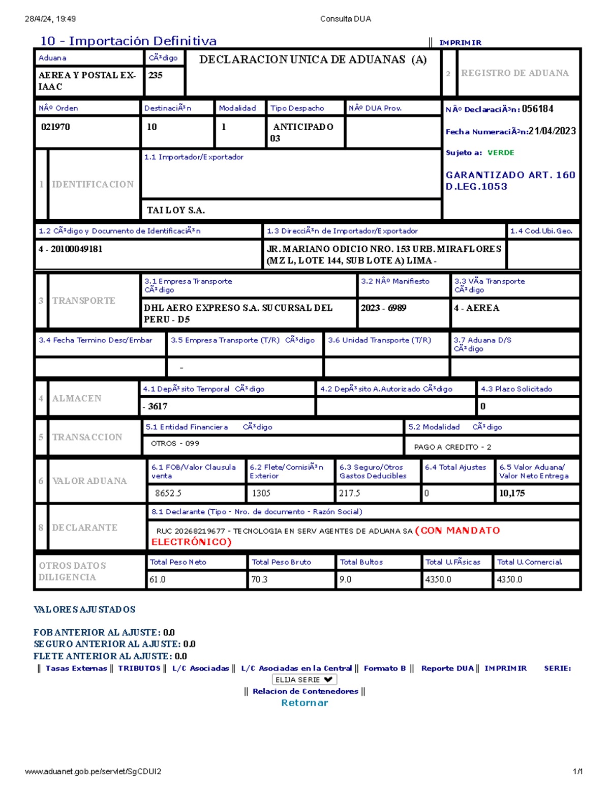 Consulta DUA - 10 - Importación Definitiva || IMPRIMIR Aduana CÃ³digo ...