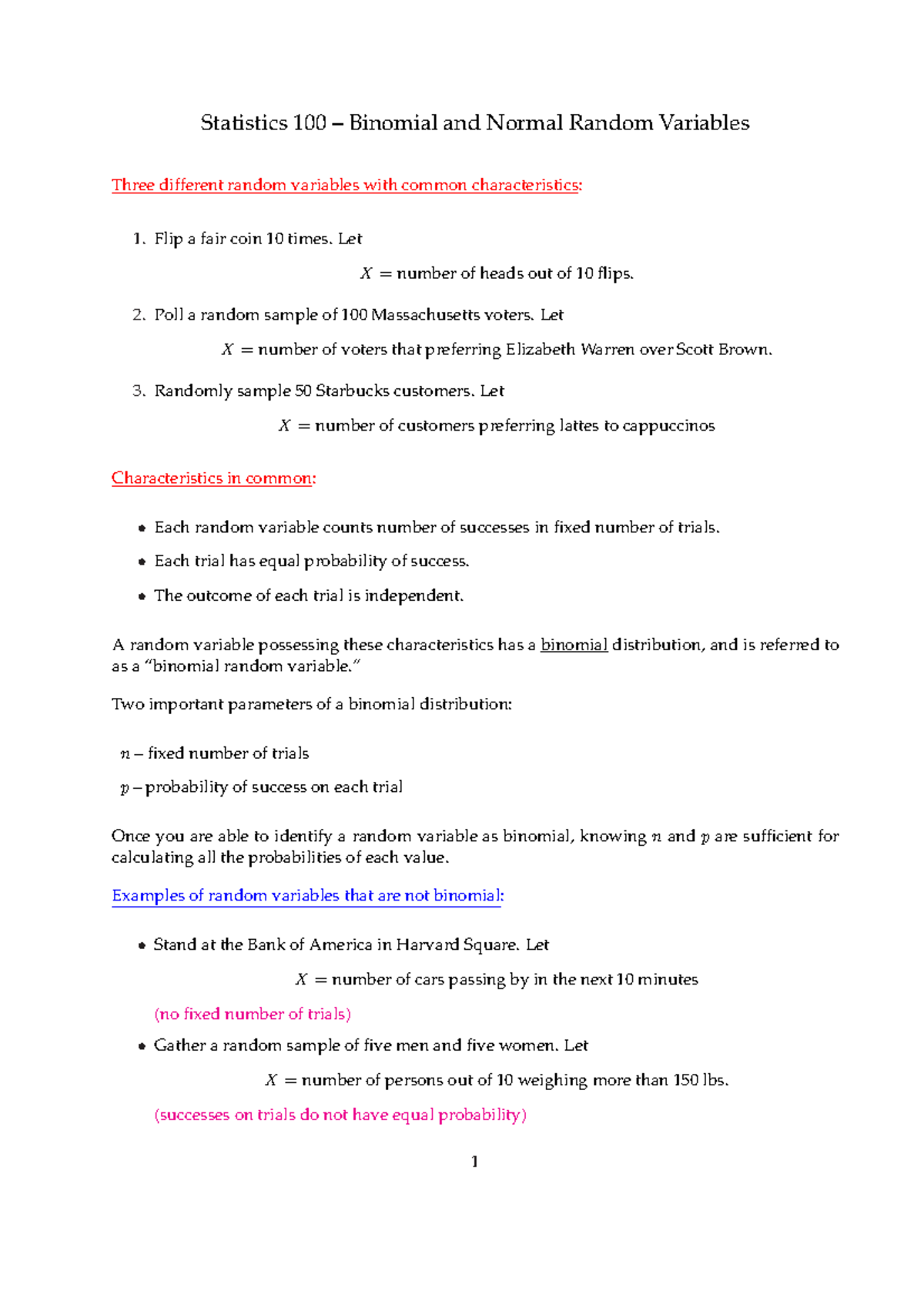 Lecture notes, Lecture 5-STAT 100 - Statistics 100 Binomial and Normal ...
