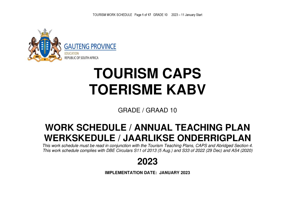 Tourism 2023 WORK Schedule Grade 10 Read ATP CAPS Section 3 TOURISM