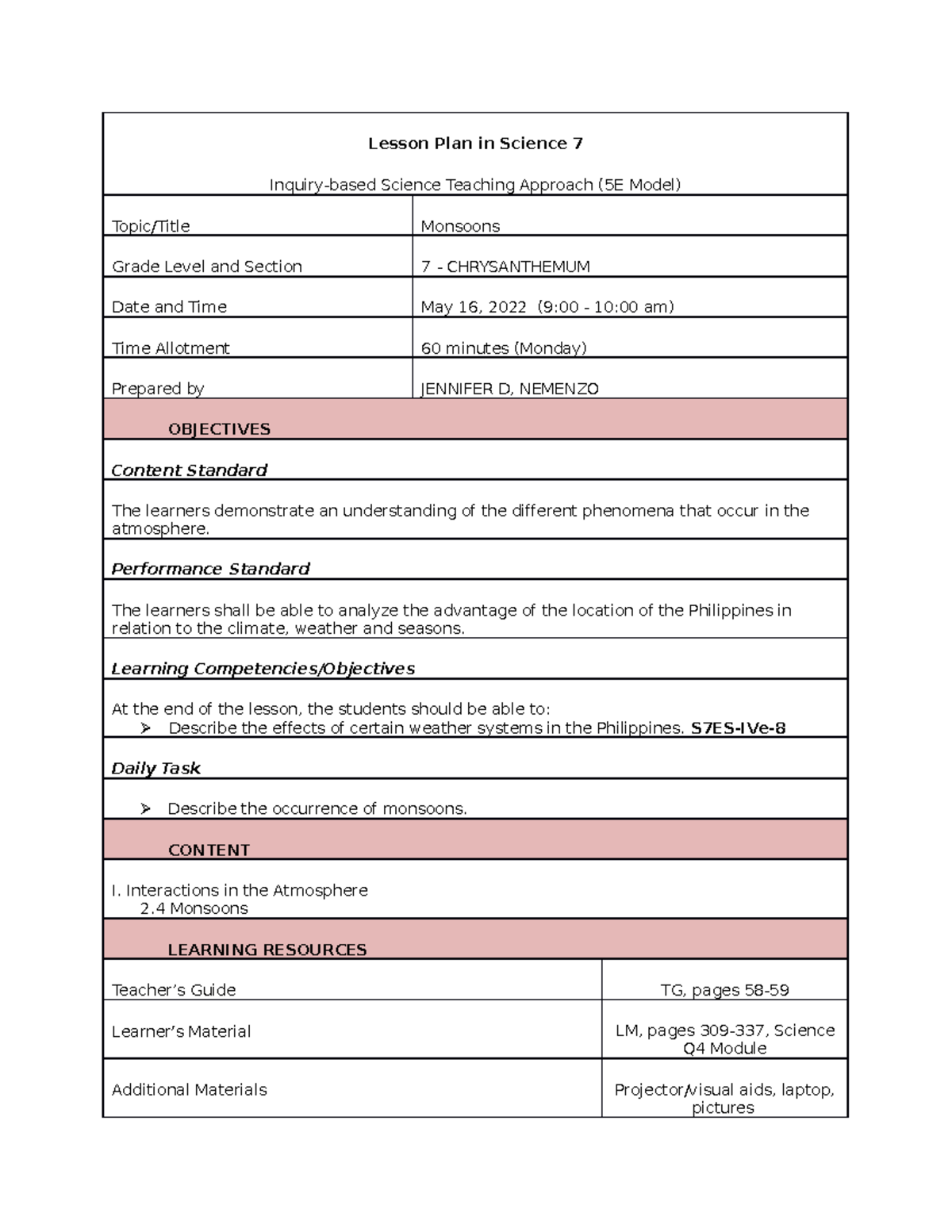 Lesson Plan in Monsoons - Lesson Plan in Science 7 Inquiry-based ...