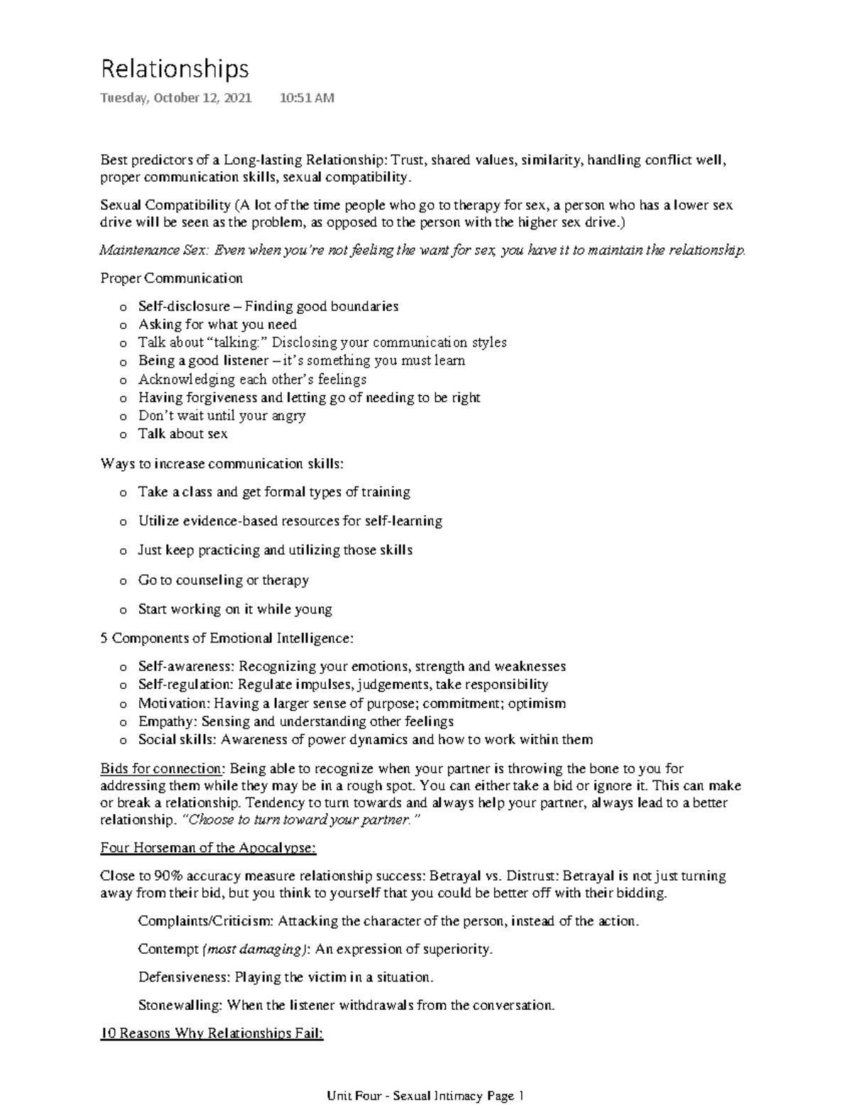 10-12-21 Relationship Lecture Notes - Best predictors of a Long-lasting ...
