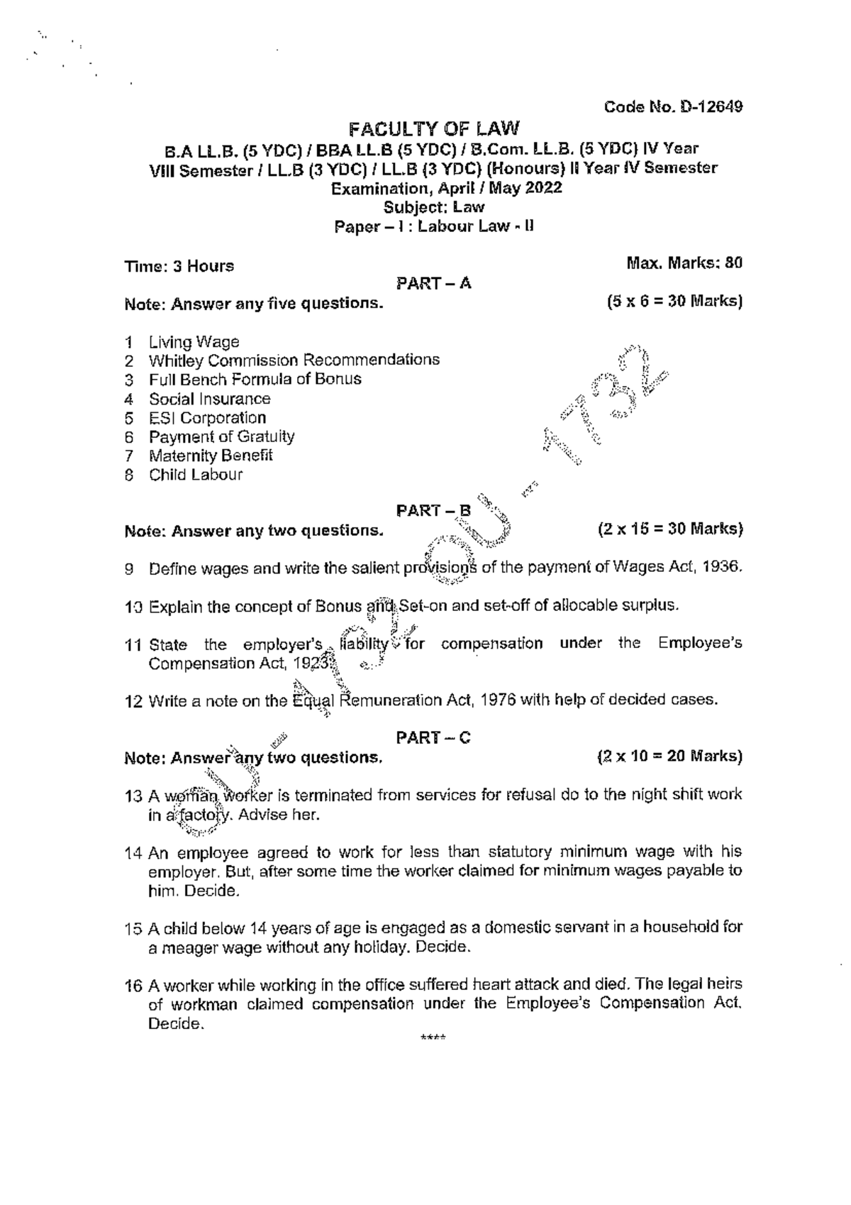 May 2022 IV Sem 3Ydc - question paper - Labour Laws - Studocu