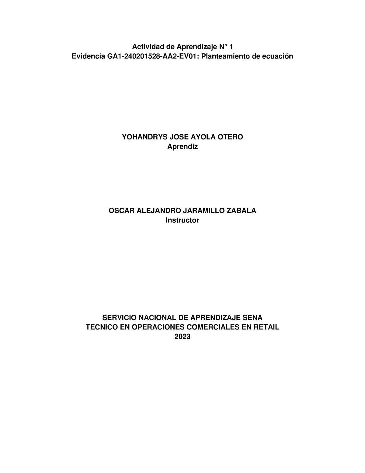 Evidencia Planteamiento De Ecuacion - Actividad De Aprendizaje N° 1 ...