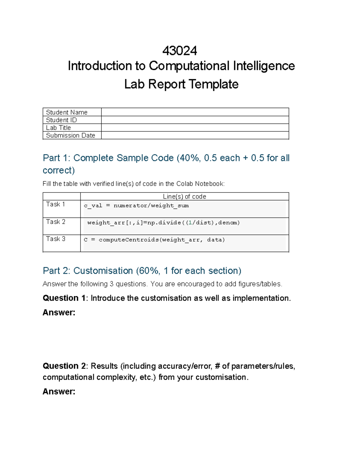 Introduction to Computing Intelligence Weekly lab 2.2 - 43024 ...