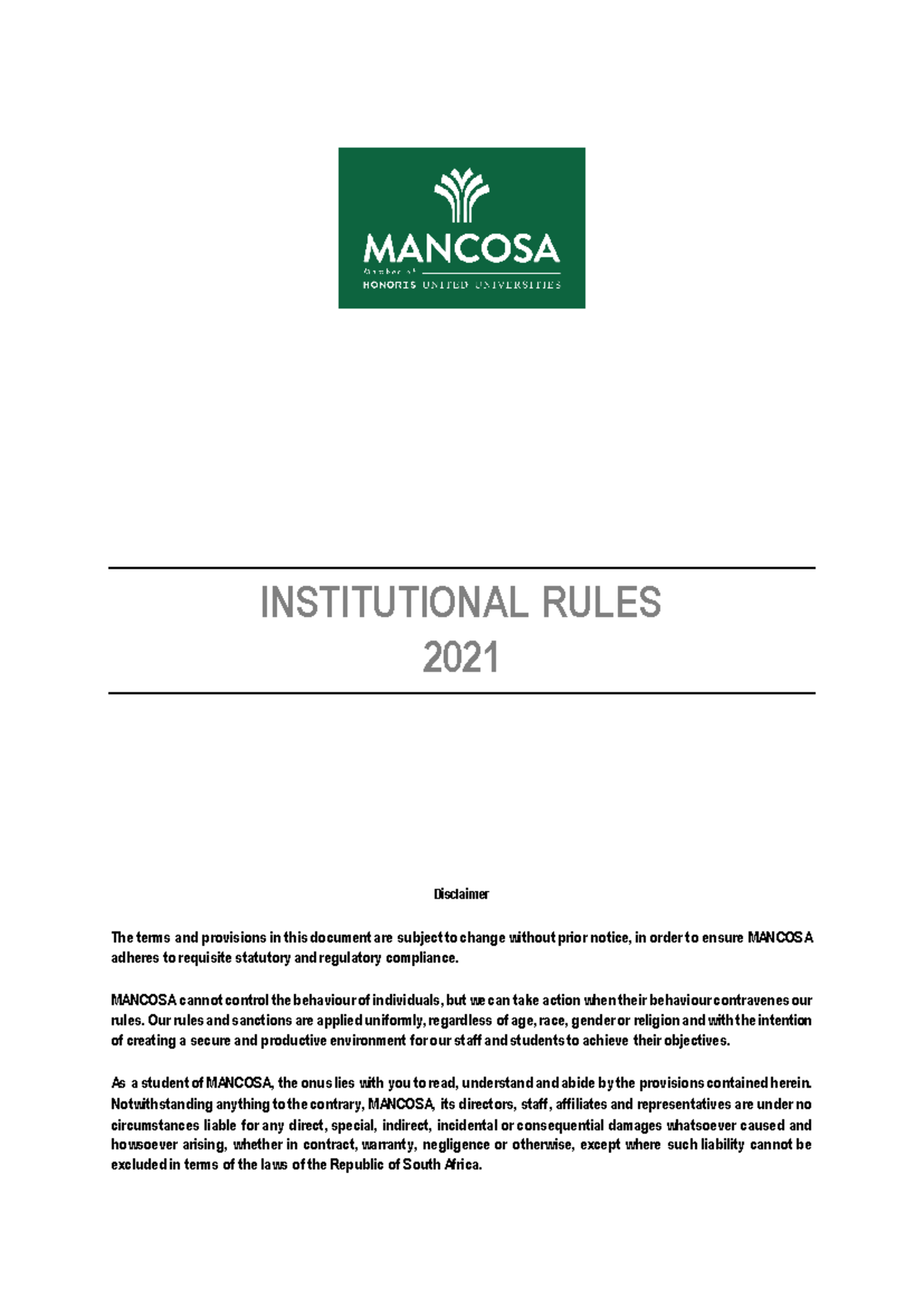 Mancosa Institutional Rules 2021 - INSTITUTIONAL RULES 2021 Disclaimer ...