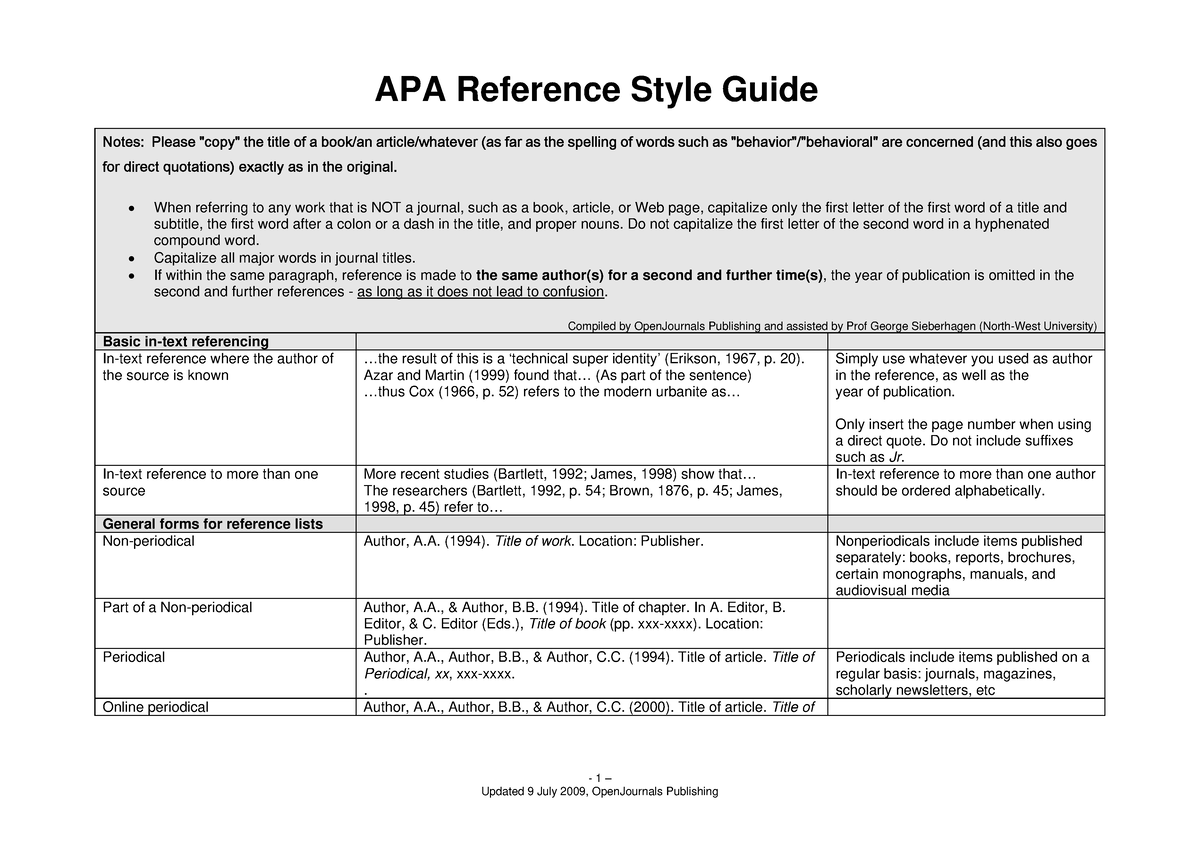 APA Reference Style Guide - Notes: Please 