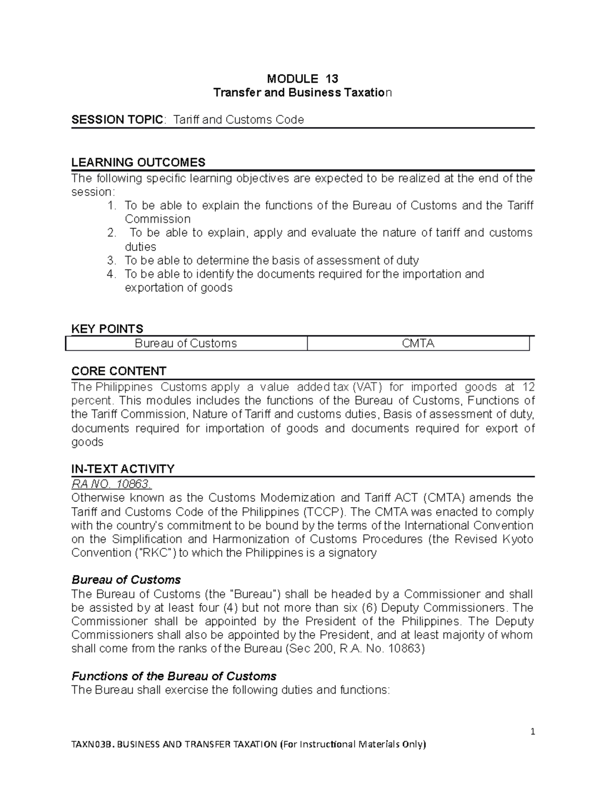 Module 13.Tariff and Customs Code Transfer and Business Taxes Studocu