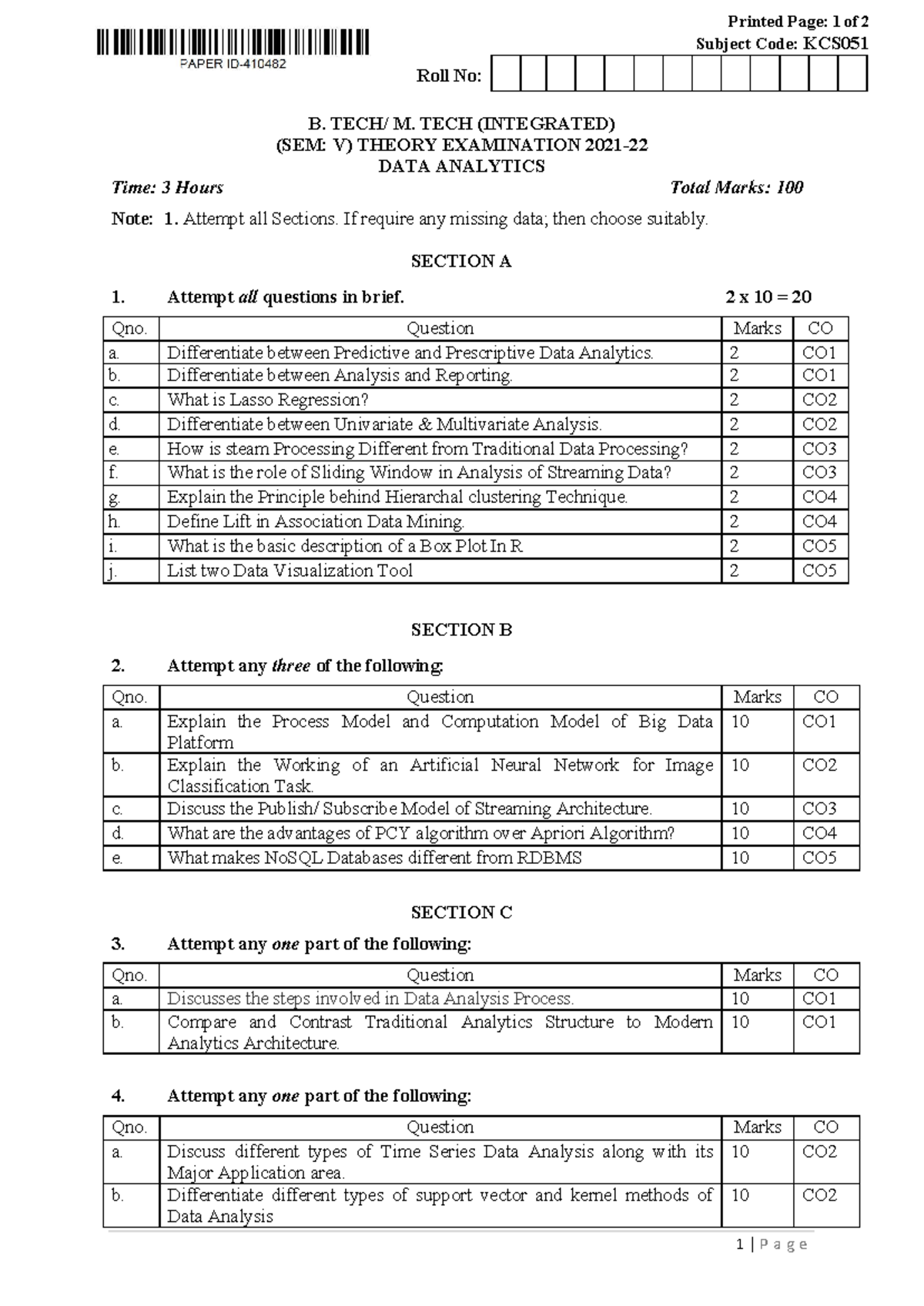 Data Analytis KCS051 PYQ - Printed Page: 1 Of 2 Subject Code: KCS 0 ...