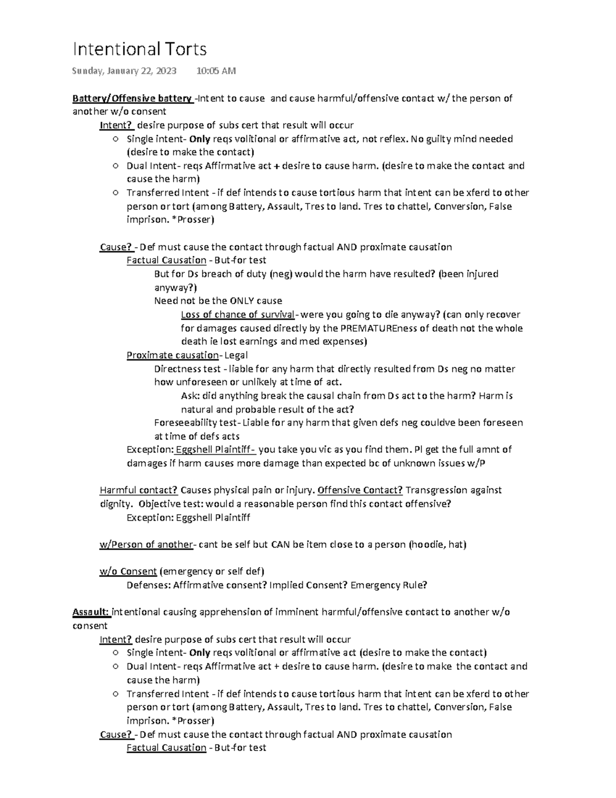 Intentional Torts - Battery/Offensive battery -Intent to cause and ...