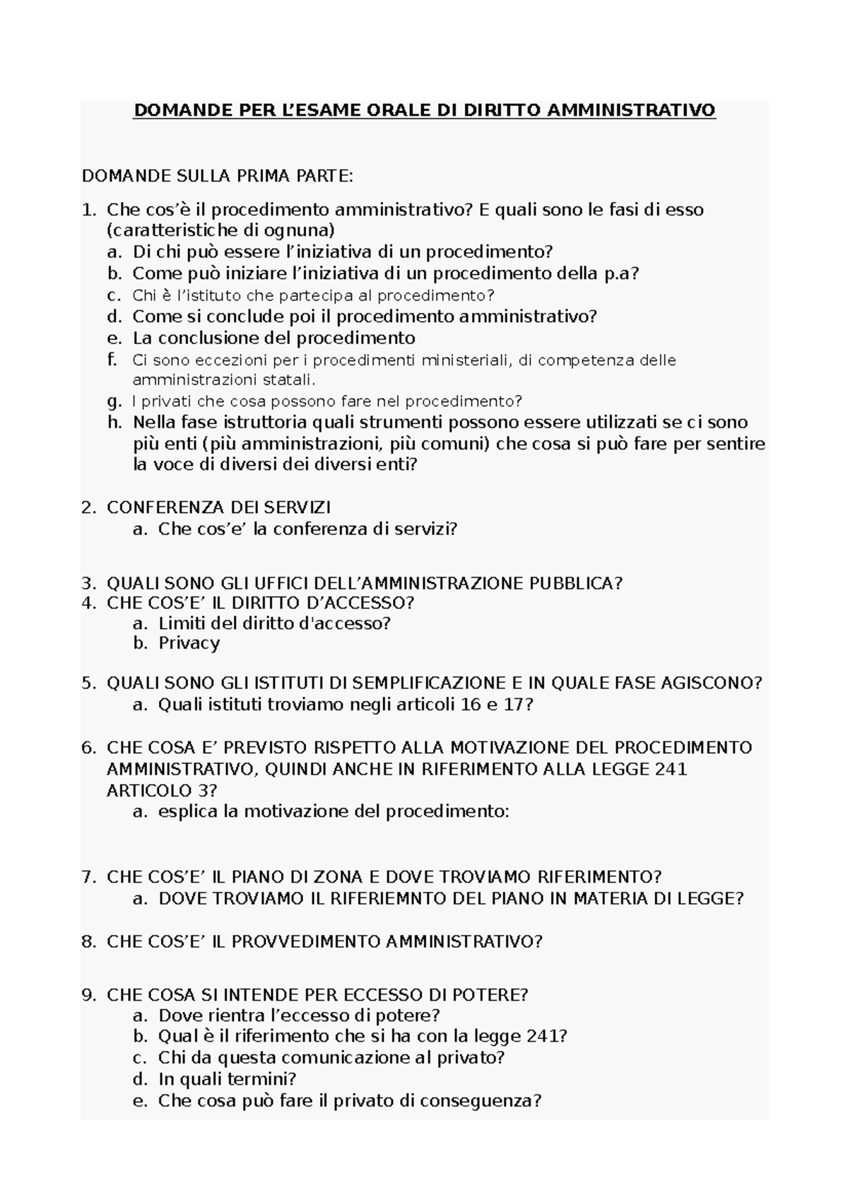 Domande PER Esame Orale DI Dititto Amministrativo Unico DOMANDE PER L’ESAME ORALE DI DIRITTO
