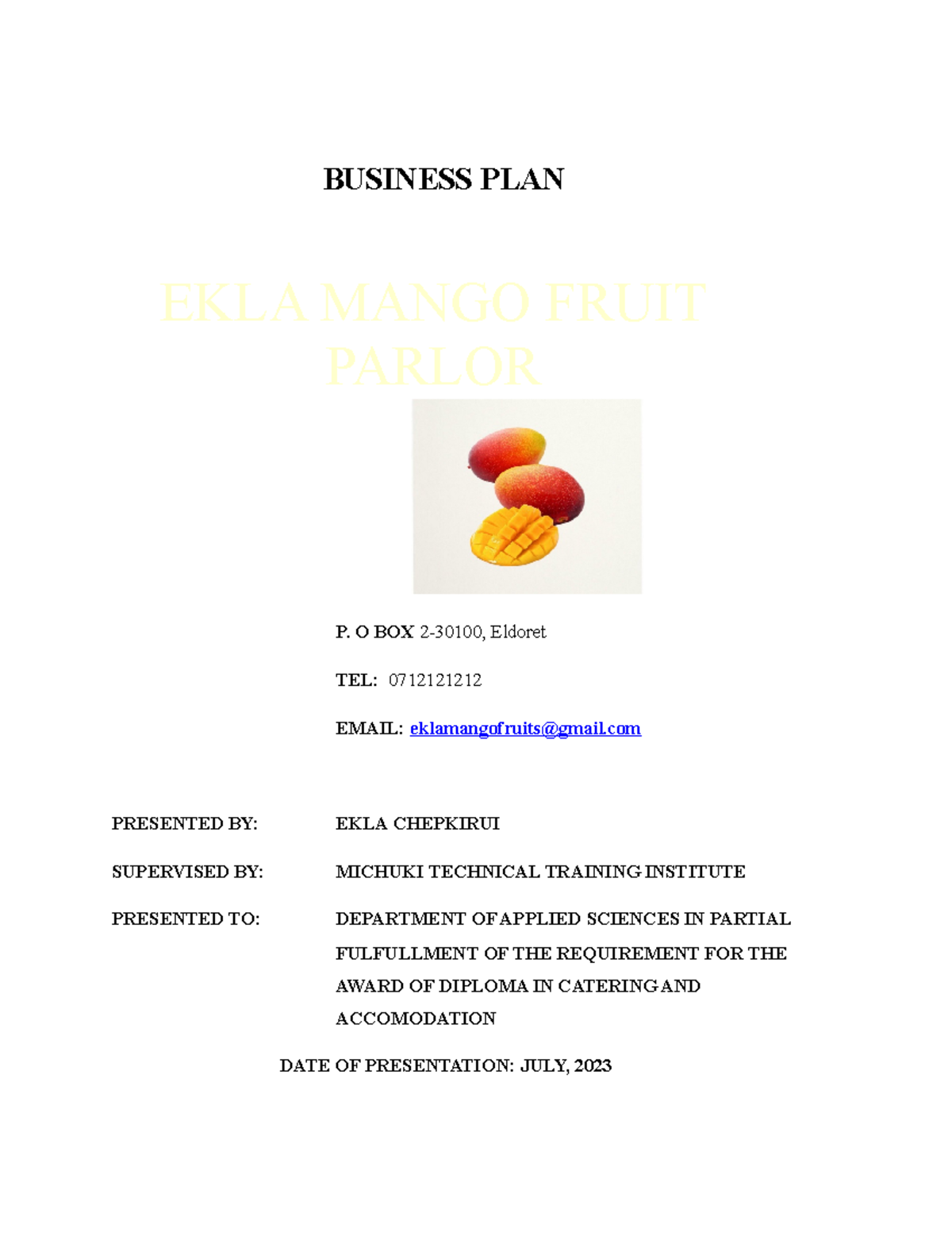 Business PLAN EKLA none BUSINESS PLAN P. O BOX 230100, Eldoret TEL