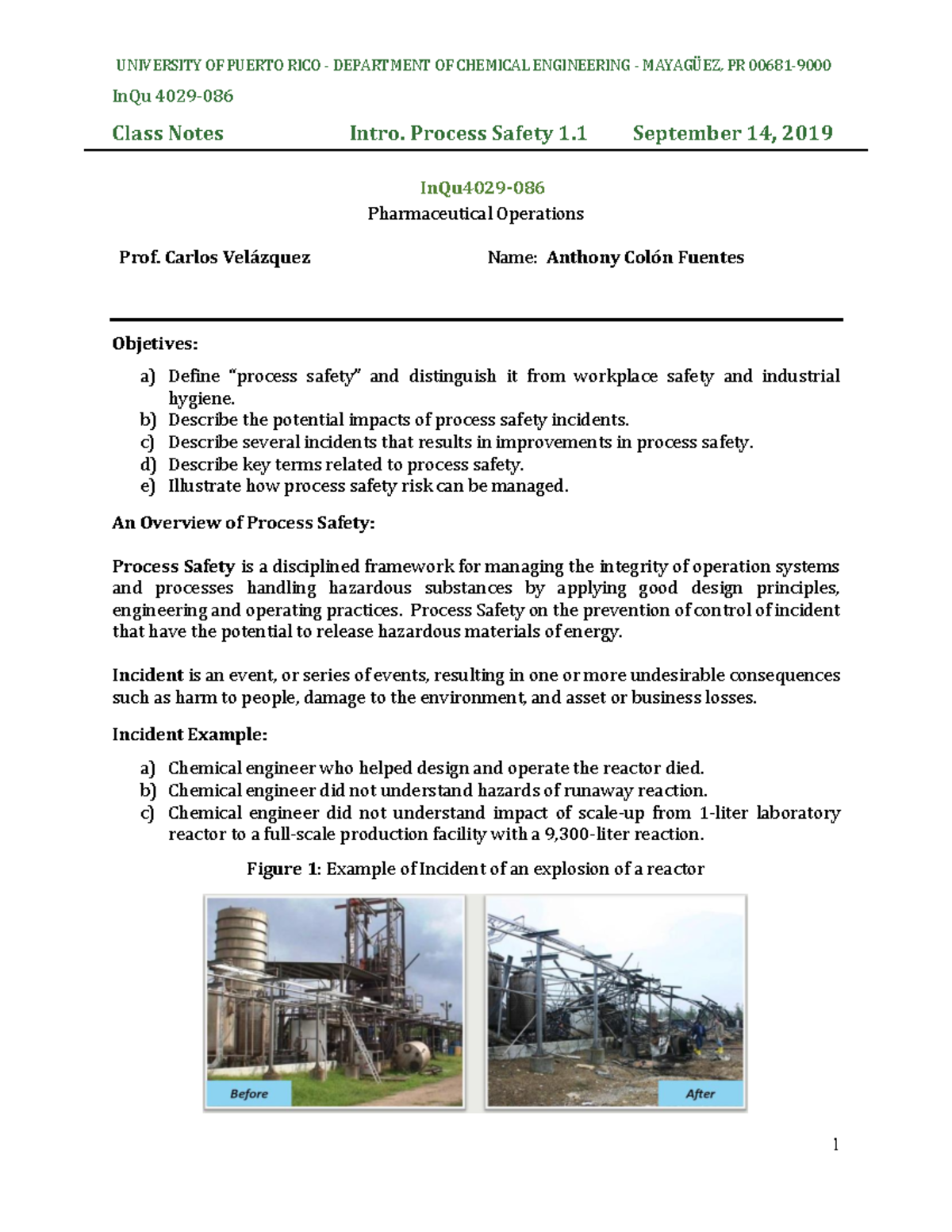 Intoduction to Process Safety 1.1. In Qu4029 - InQu 4029- Class Notes ...