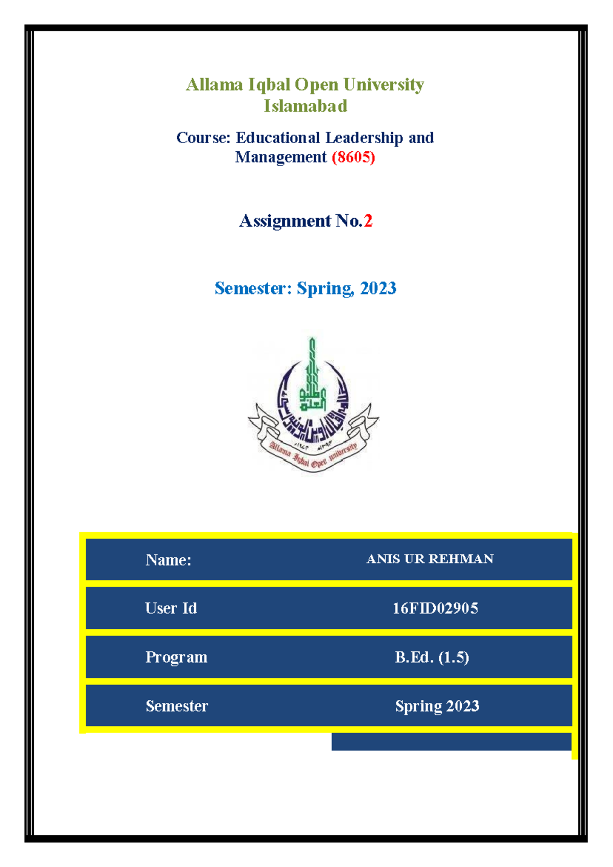 8605 - ASSINMENT OF BED COURSE - Allama Iqbal Open University Islamabad ...