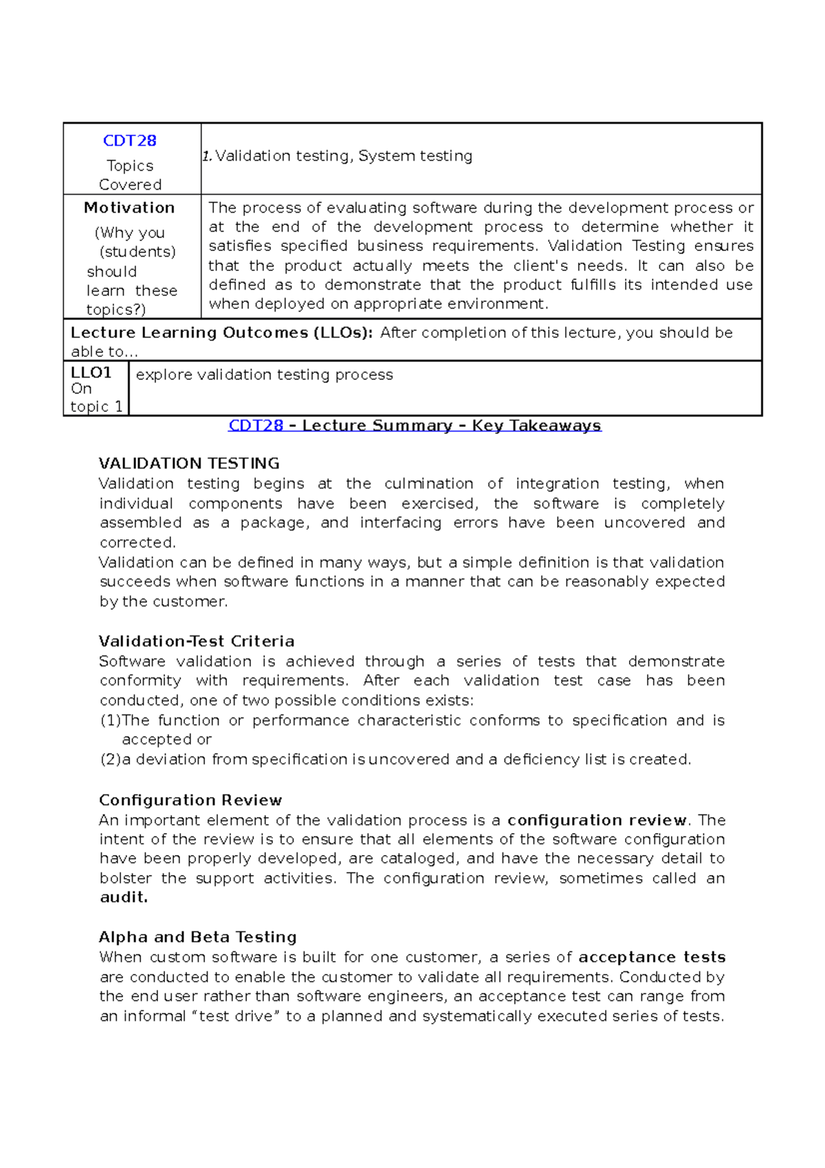 Validation testing, System testing - CDT Topics Covered Validation ...