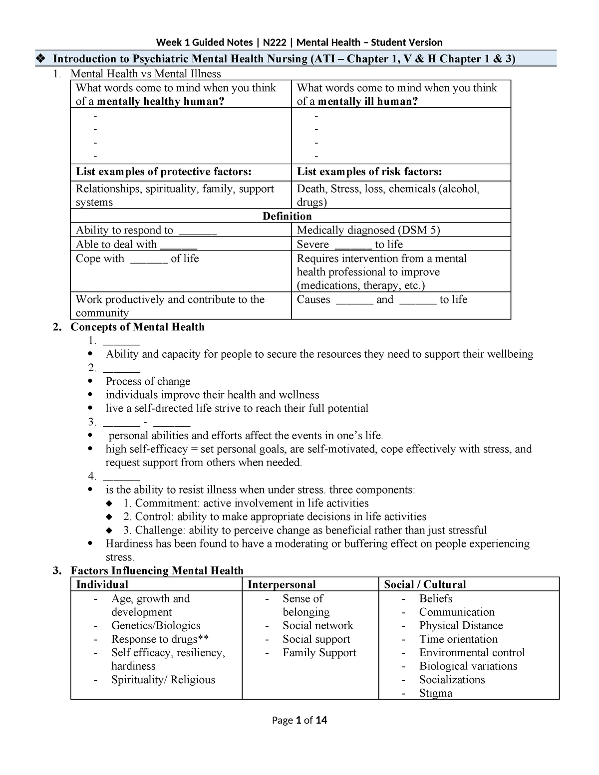 Guided Notes N222 Class 1 Intro to Mental Health copy - Introduction to ...