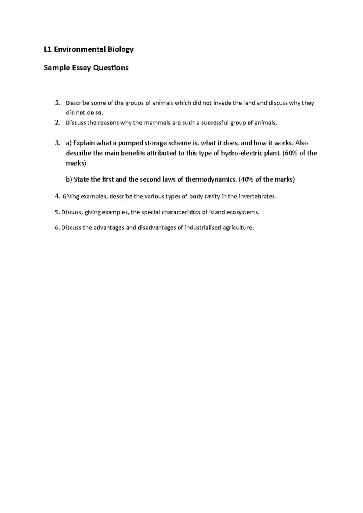 Env Bio Sample Essay Questions - L1 Environmental Biology Sample Essay ...