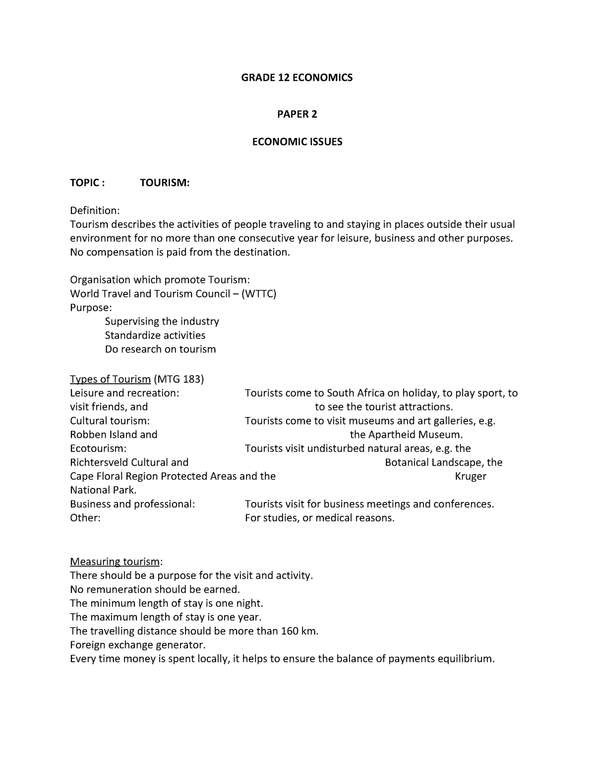 Tourism Notes GRADE 12 ECONOMICS PAPER 2 ECONOMIC ISSUES TOPIC 