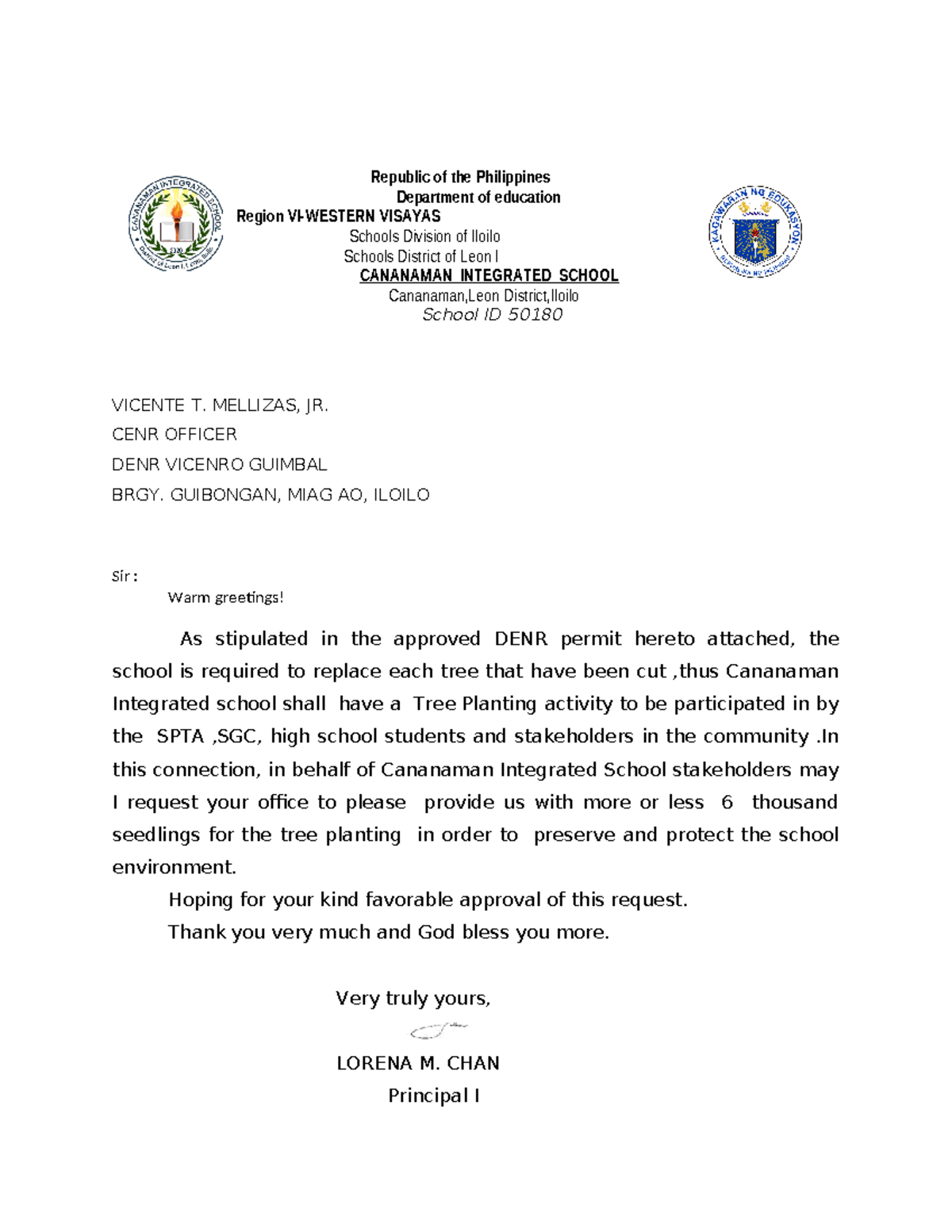 Letter Request to DENR for asking seedlings - Republic of the ...