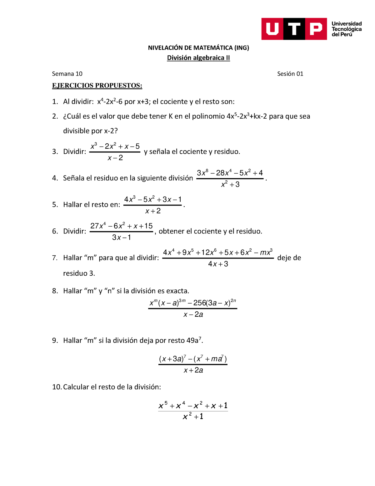 S10 S2 Ejercicios De División Algebráica Nivelaci”n De Matem¡tica