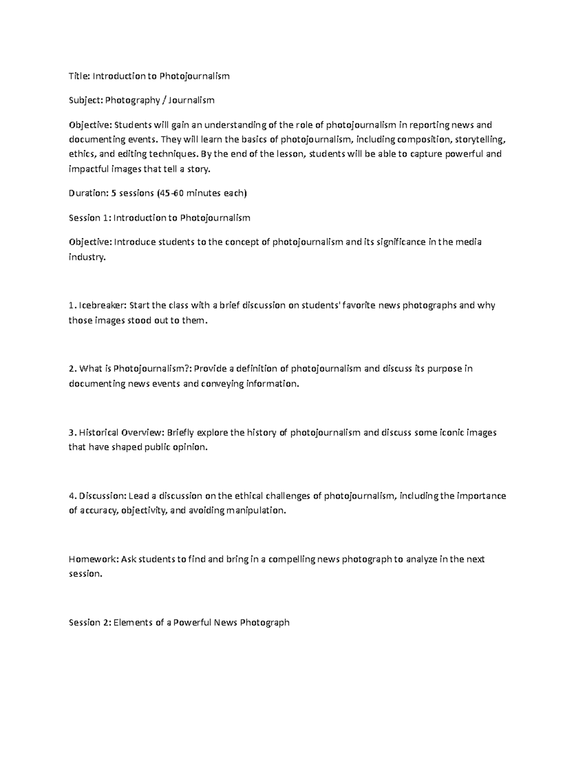 LessonPlanjournalism Title Introduction to Photojournalism Subject