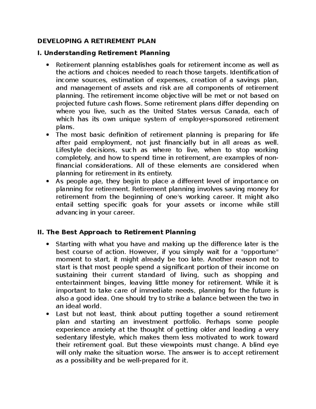 Developing A Retirement PLAN - DEVELOPING A RETIREMENT PLAN I ...