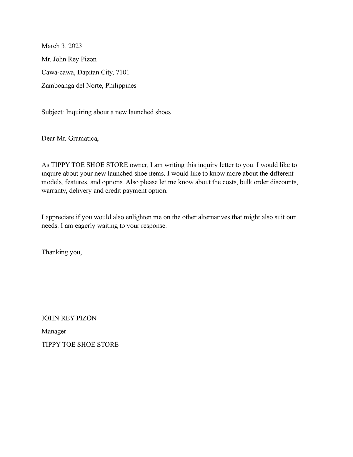 Inquiry Letter for purchase - March 3, 2023 Mr. John Rey Pizon Cawa ...