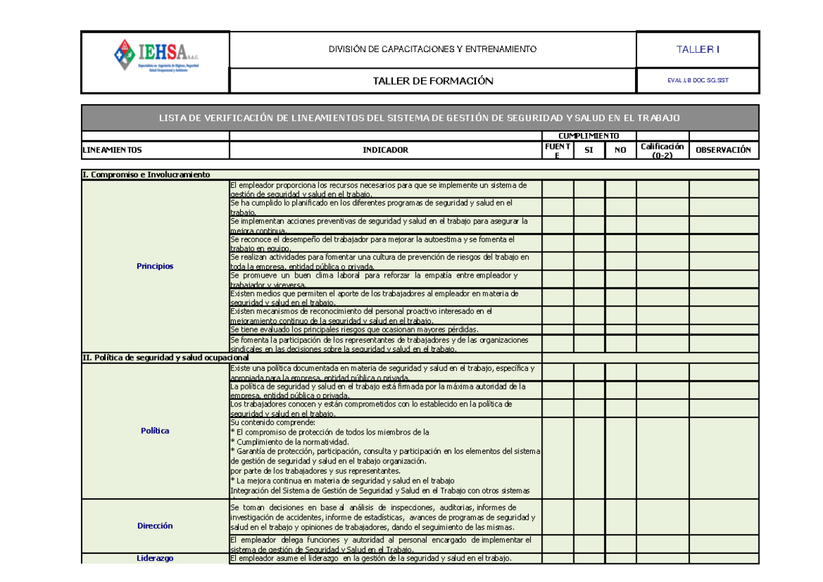 Lista De Verificación Ley 29783 - LINEAMIENTOS INDICADOR FUENT E SI NO ...