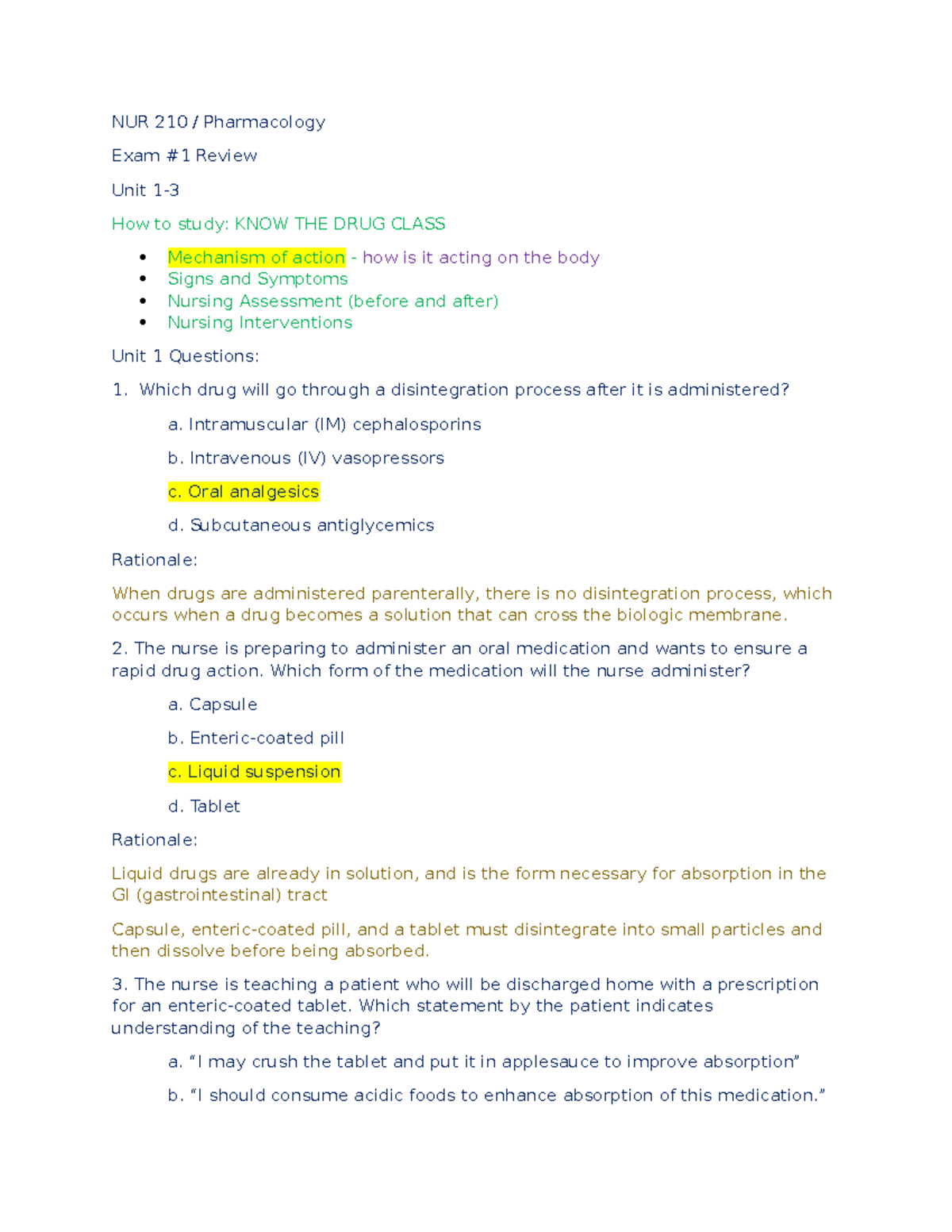 Unit 1 Practice Questions - NUR 210  Pharmacology Exam 1 Review Unit 1-  How to study: KNOW THE - Studocu