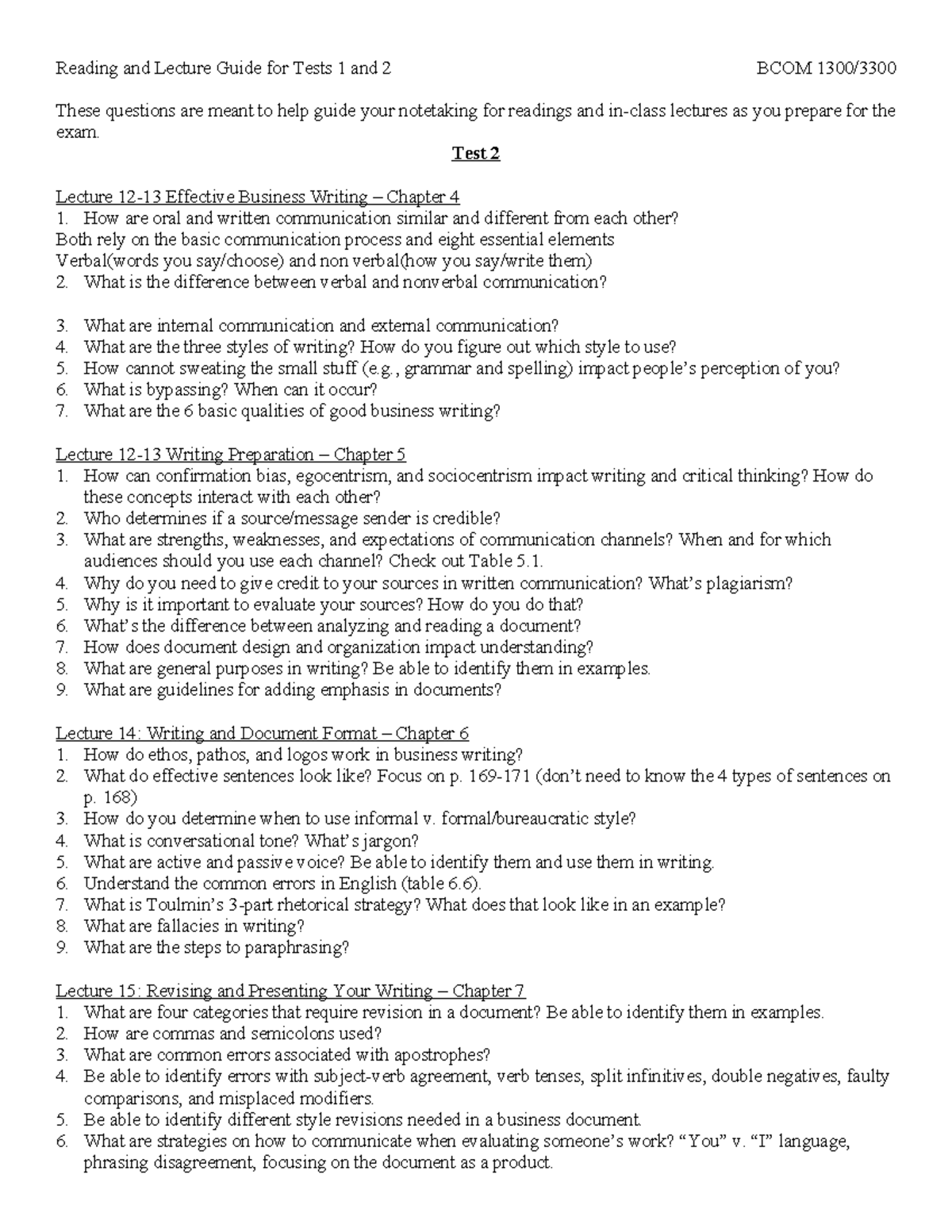 Fall22 BCOM Study Guide for Test 2 - Reading and Lecture Guide for ...