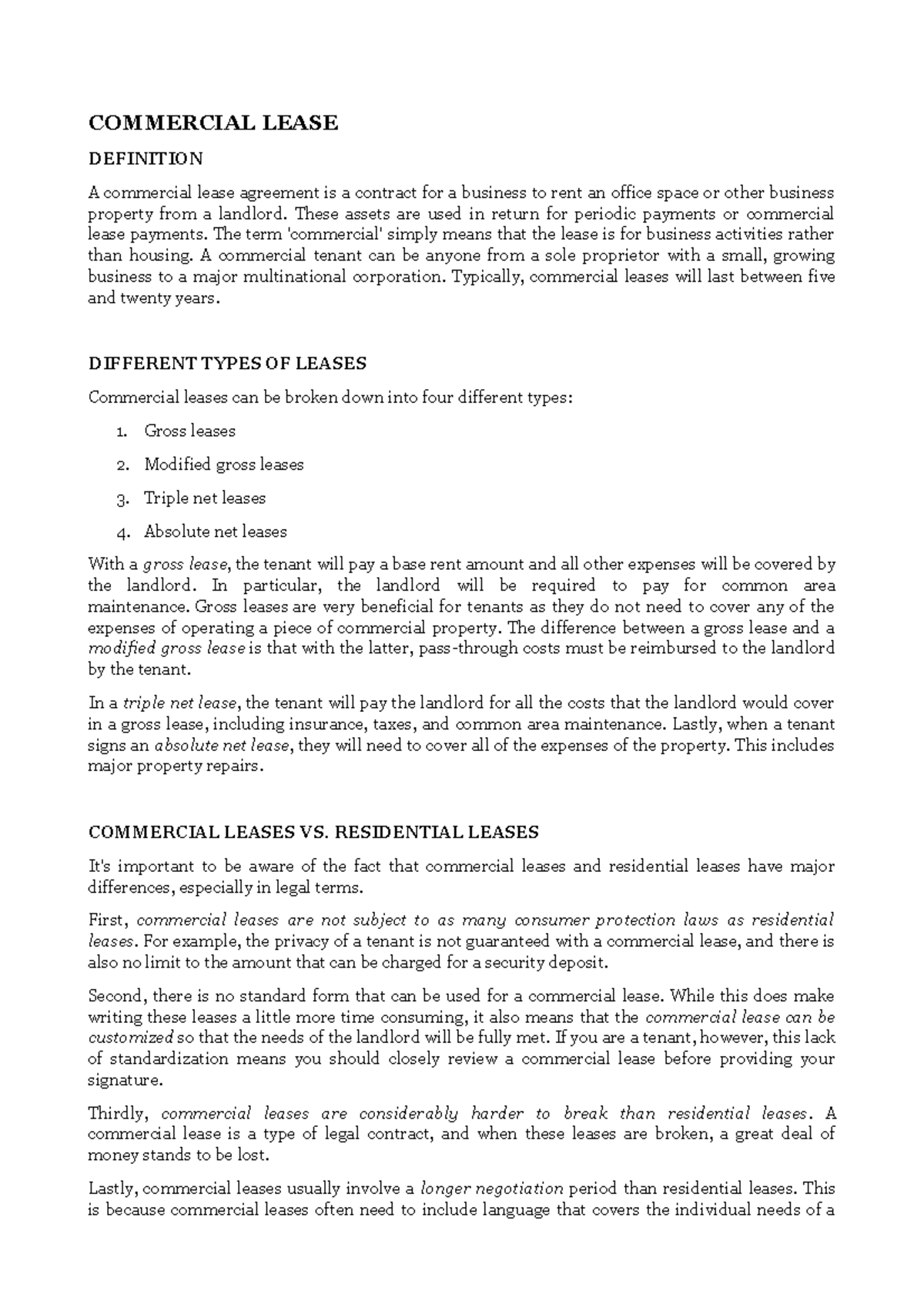 Commercial Lease Mergers COMMERCIAL LEASE DEFINITION A commercial