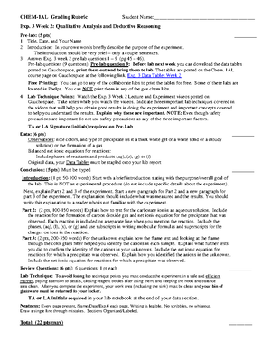 Experiment 5 Chem 1AL - Chem. 1AL Grading Rubric Student Name (Last ...